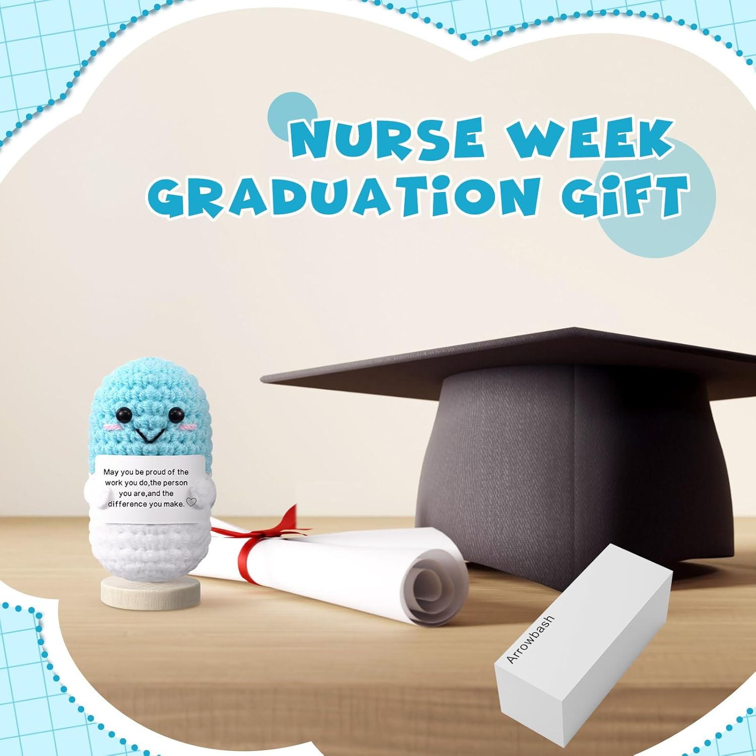 Nurse Gifts Pharmacist Pharmacy Crochet Pill Bottle Syringe Bandage Doll Nursing Appreciation Gift Thank You Inspirational Card for Women CRNA CNA RN LPN Decor(Pill,Blue) - Image 6