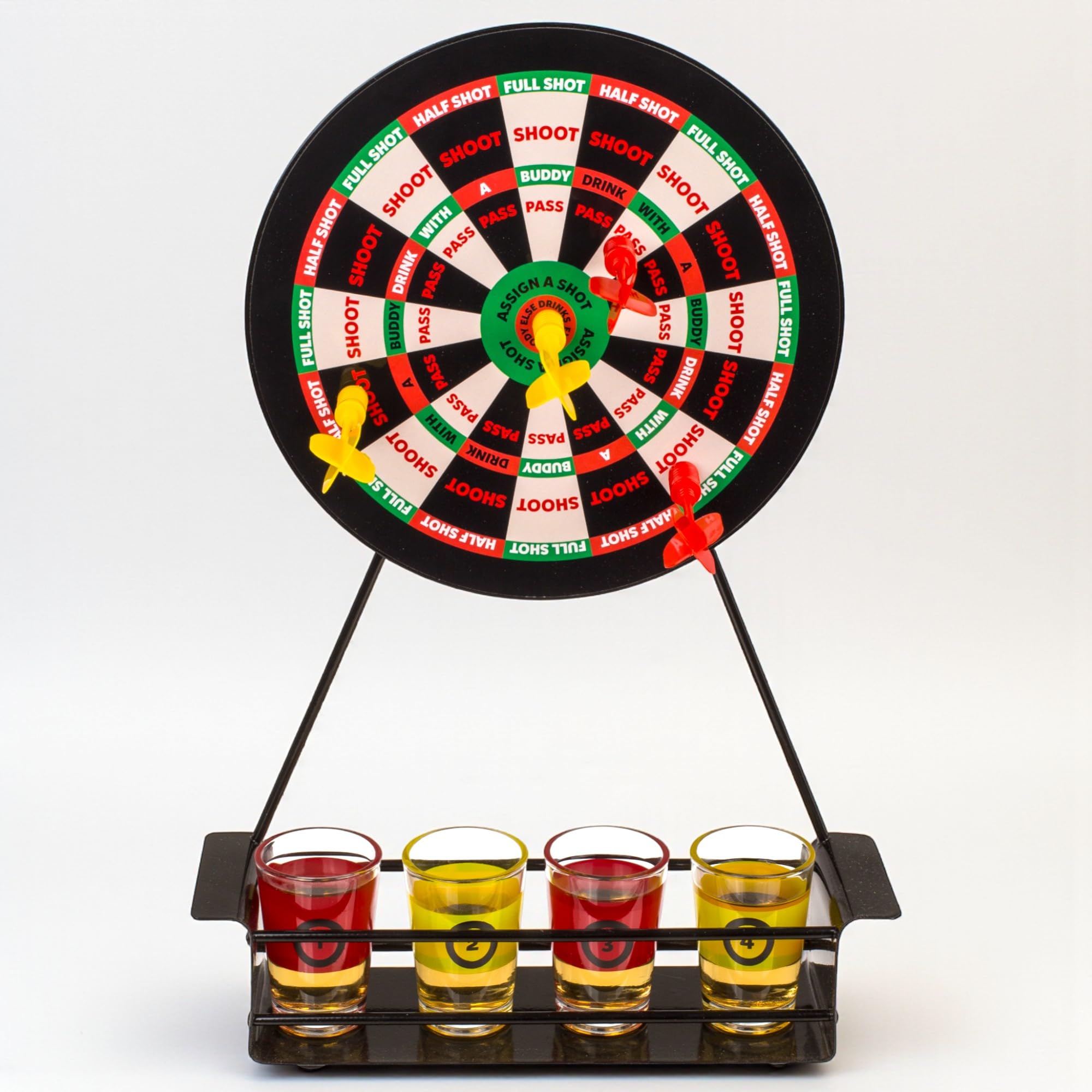 MIJOMA Dart Trinkspiel – Partyspiel mit Dartscheibe, 4 Shotgläsern & 4 Darts – witziges Trinkspiel für Erwachsene, Geburtstag, Junggesellenabschied, WG-Party