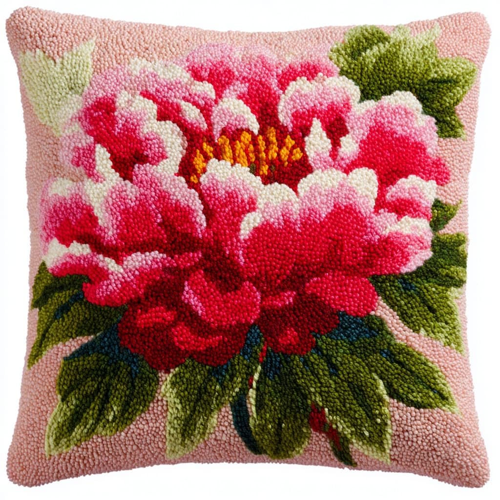Taxpy Latch Hook Pillow Kits, Peony Flowers Pillowcase with Preprinted Throw Pillow Crochet Yarns Knitted Latch Hooking Cushion for Home Sofa 17x17inch