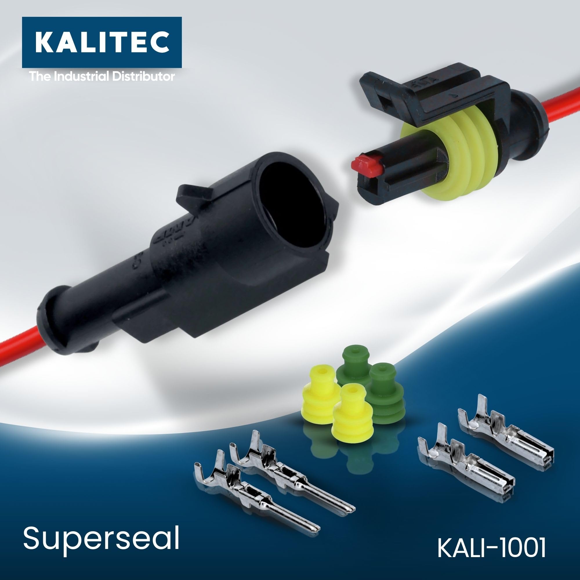 Kalitec KALI-1001 Zestaw AMP Superseal 1-pin Złącze Samochodowe IP67 | Wodoodporna wtyczka do motocykli i łodzi, zestaw 1-biegunowy z uszczelkami, odporny na olej i paliwo, do 14A 24V