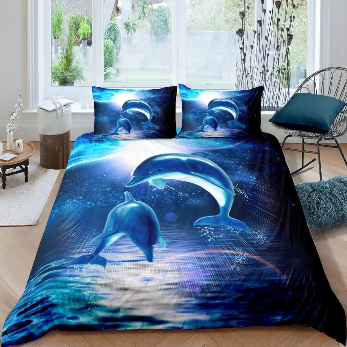 Loussiesd Galaxy Bedding Set Dolphin Comforter Cover for Kids Adult Ocean Marine Themed Duvet Cover Sea Creatures Bedspread Cover Starry Sky Blue Brigh Room Decor 3Pcs with 2 Pillow Case Super King