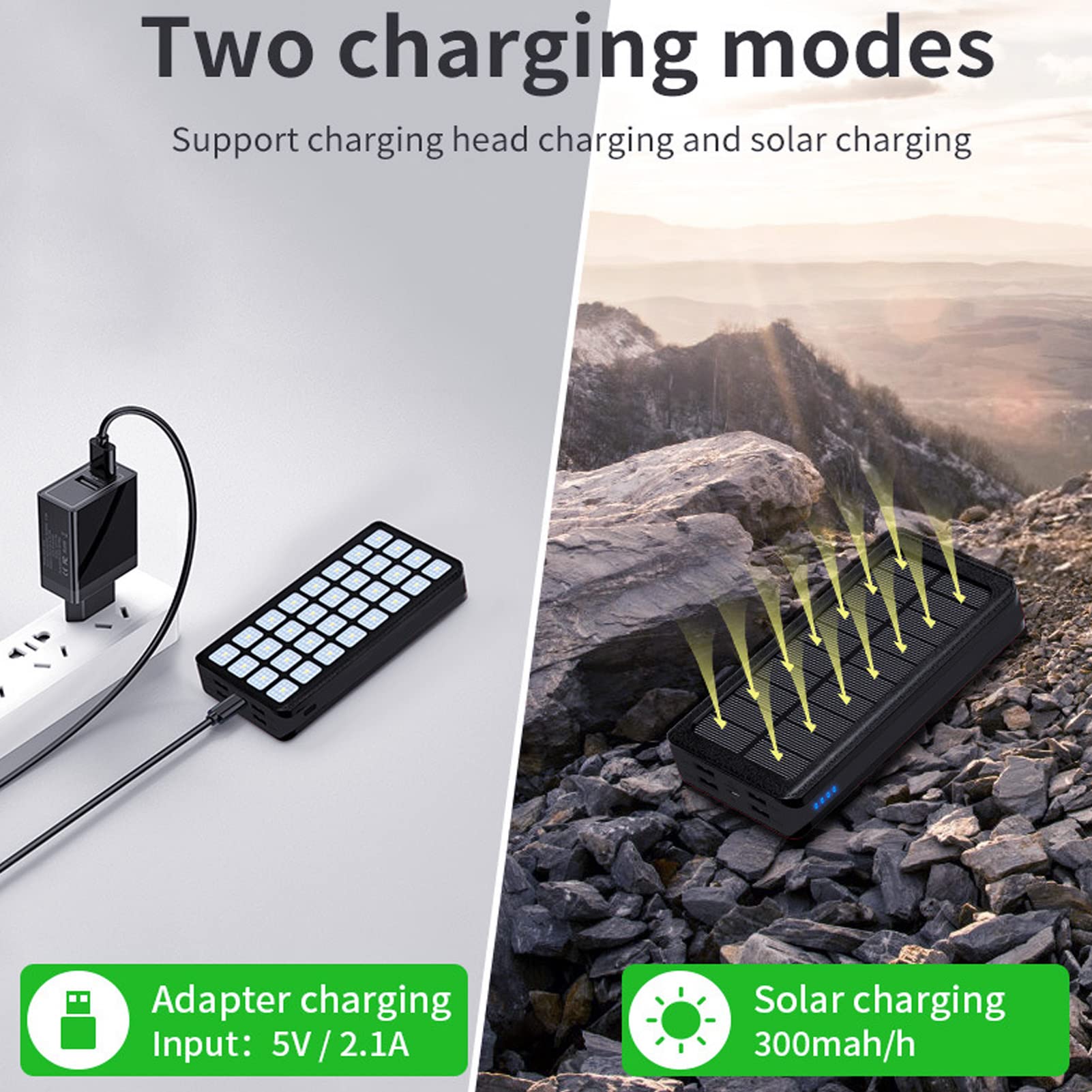 YWBL-WH Banque d'alimentation avec Lumière Banque d'énergie Solaire Portable 30 000 MAh Batterie en Plastique avec 4 Sorties USB 32 LED 3 Modes pour Camping Pêche Randonnée Utilisation 'Urgence