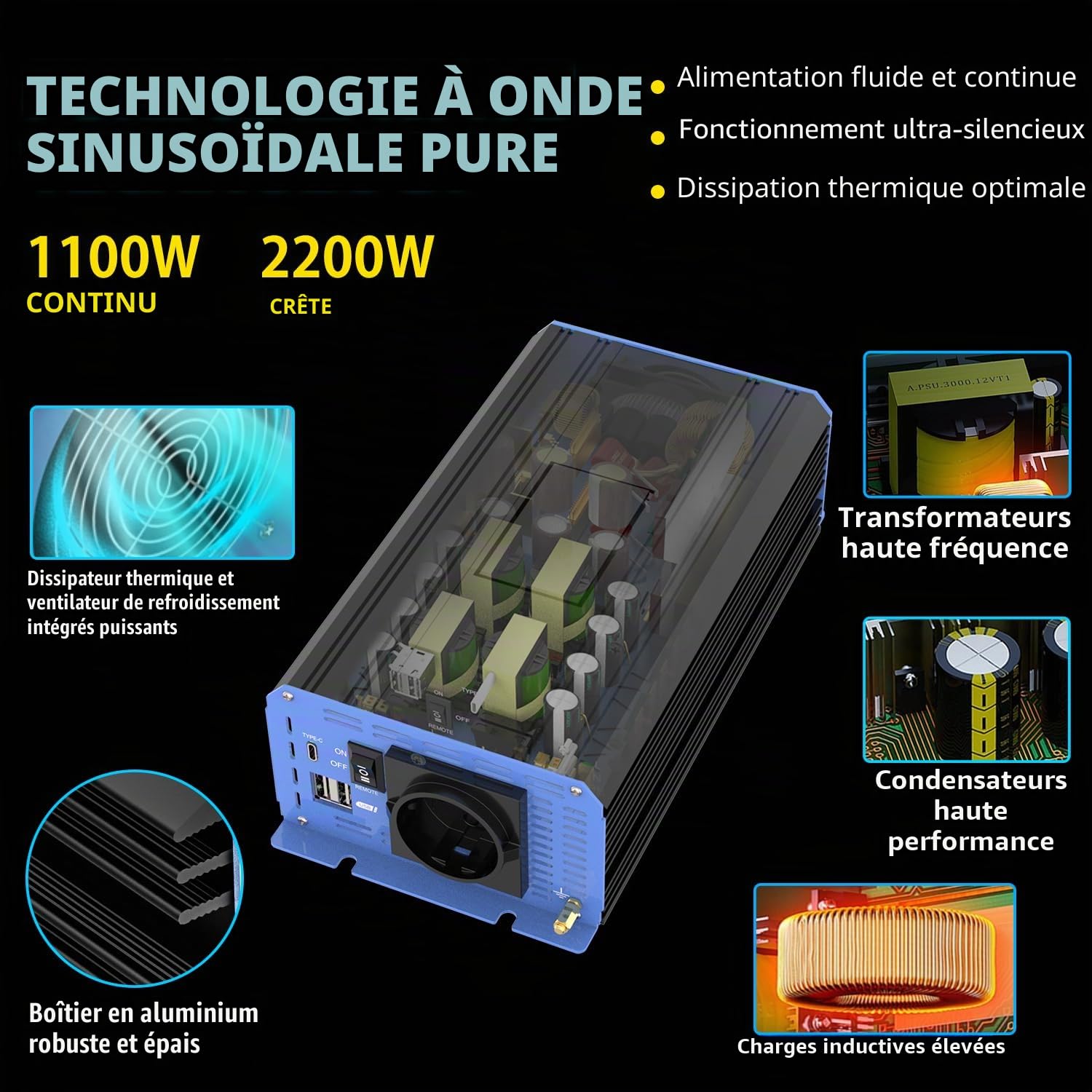 Wechselrichter 1100W Reiner Sinus 230V, Solar Wechselrichter mit Type-C, USB, LCD-Anzeige, Fernbedienung, EU-Steckdosen