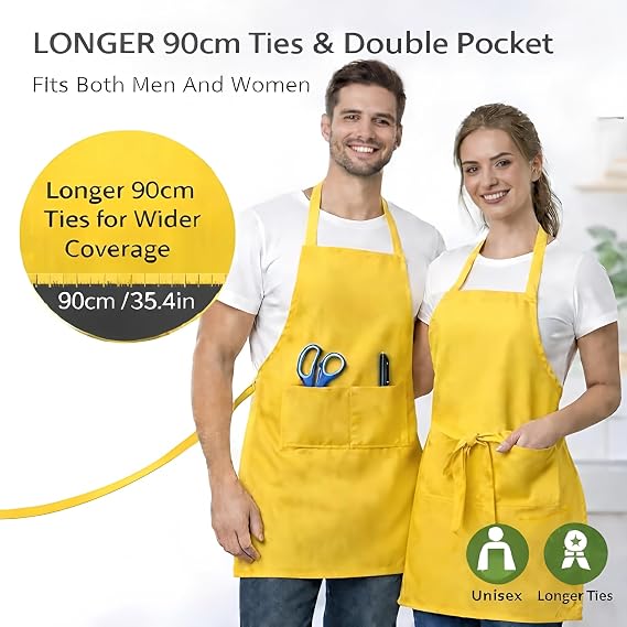 8 Pack Aprons Bulk with Pockets, Unisex Apron with Extra Long Ties for Chef, Cooking Classes, Painting, BBQ