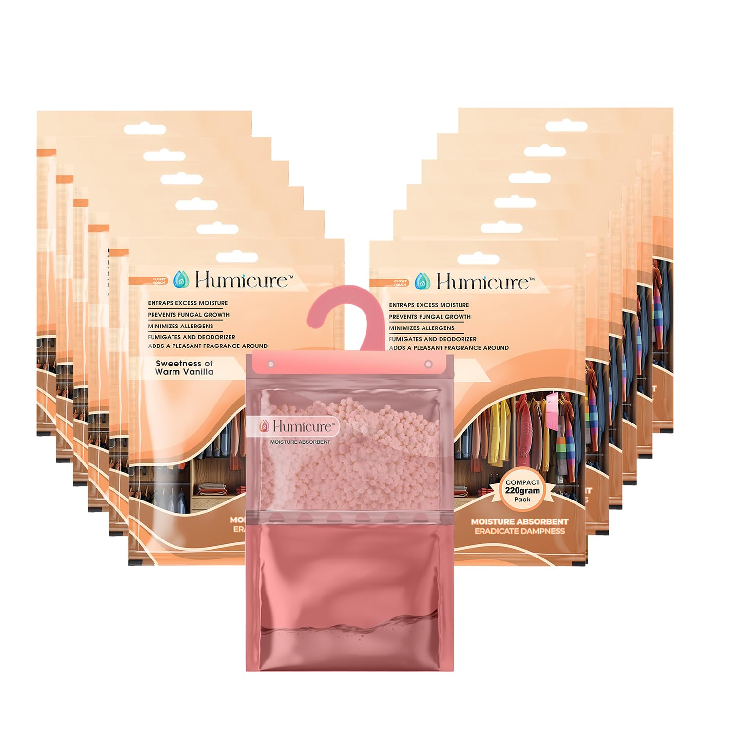 Humicure Moisture Absorber Dehumidifier | 500ml Absorption Capacity | Prevents Mold, Dampness & Odor in Wardrobe, Bathroom, Kitchen & Bedroom | 220g x 12 (Warm Vanilla)