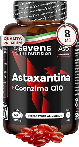 Astaxantina Pura 100% Naturale ad Alto Dosaggio | Unico con 3 Antiossidanti in Dosi Massime: 8mg di Astaxantina reale per Capsula + 100mg Q10 + Vitamina E | Formulato e Prodotto in Europa | 60 Capsule