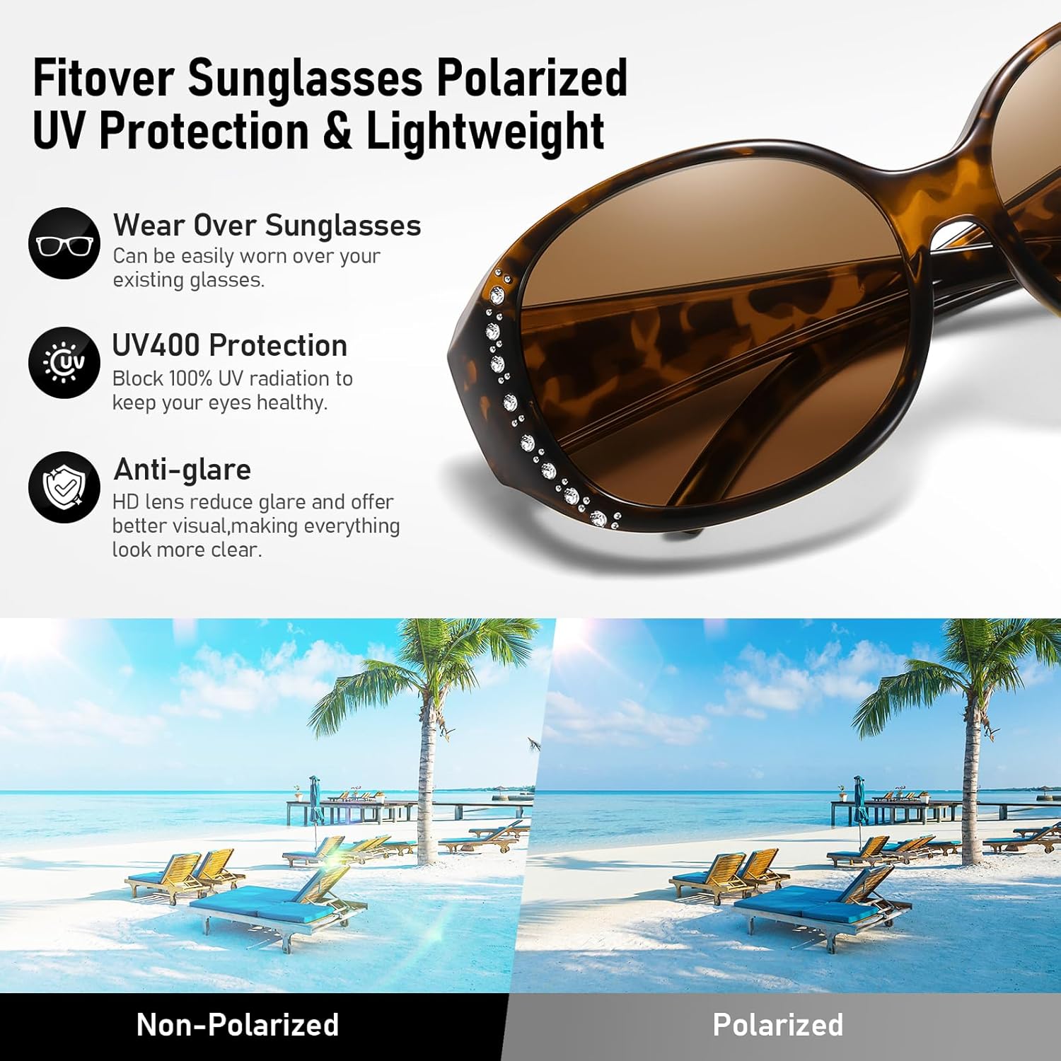 HAOLOTA Women's Polarized Fit Over Sunglasses with Rhinestone, Sun Glasses for Prescription Glasses UV400 Protection - Image 6