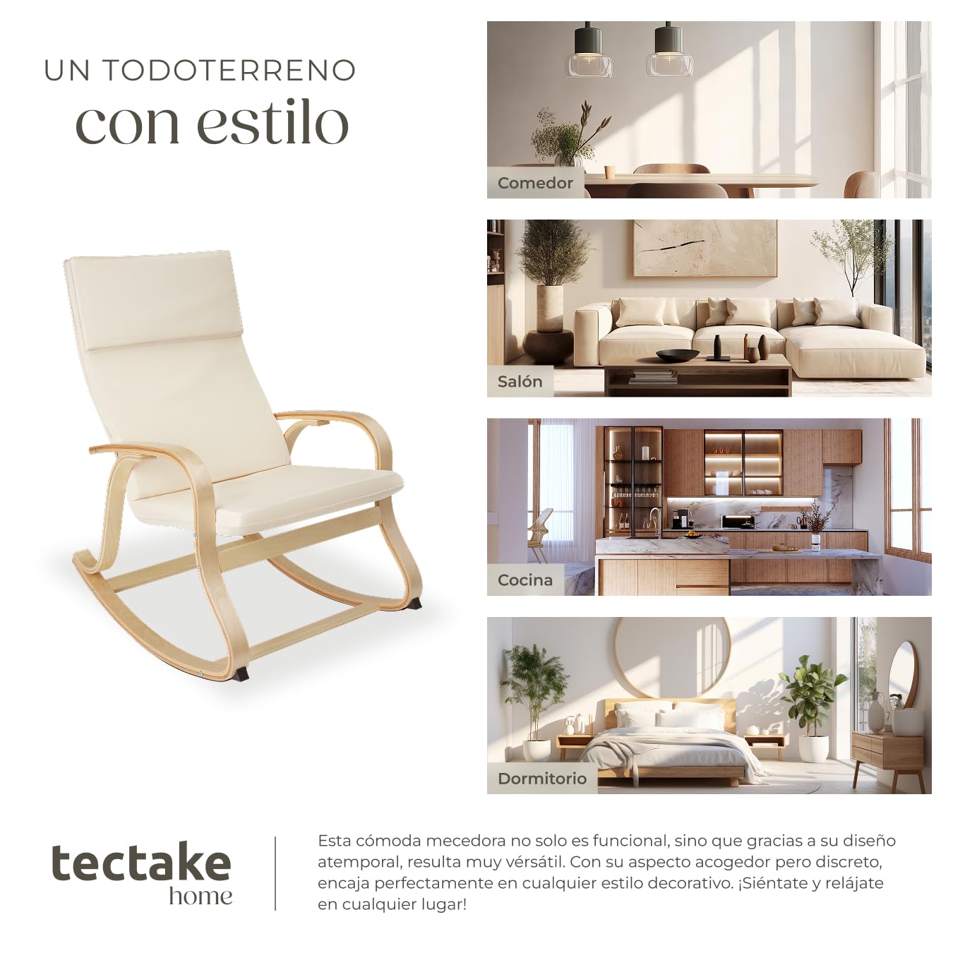 tectake 801034 - Mecedora Roca de Madera de Abedul 150kg, Silla Mecedora, Oscilante, Sillón Ergonómico para Balanceo (Beige)