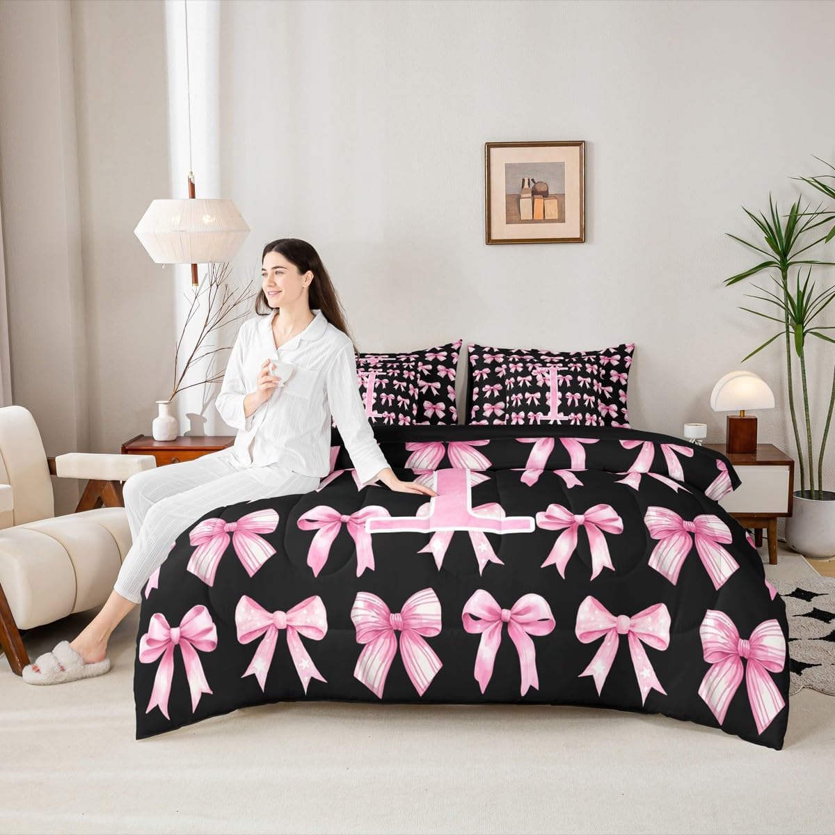 Erosebridal Pink and Black Initial I Kids 7 Piece Bedding Set Twin Size for Girls Coquette Bow Comforter Set with Sheets Princess Aesthetic Bed in a Bag Dreamy Monogram Cartoon Cute Quilt Set(I) - Image 4