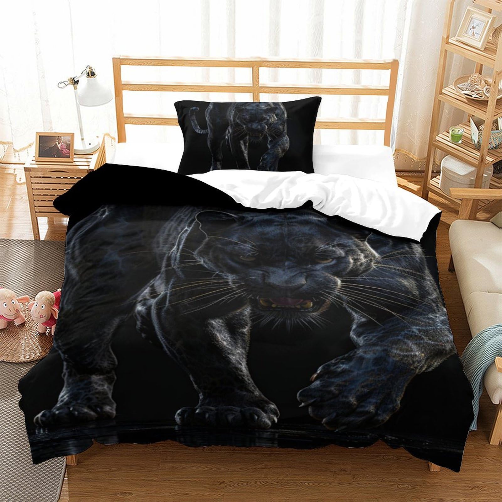 Parure housse de couette panthère noire en microfibre supérieure avec taies d'oreiller 3D