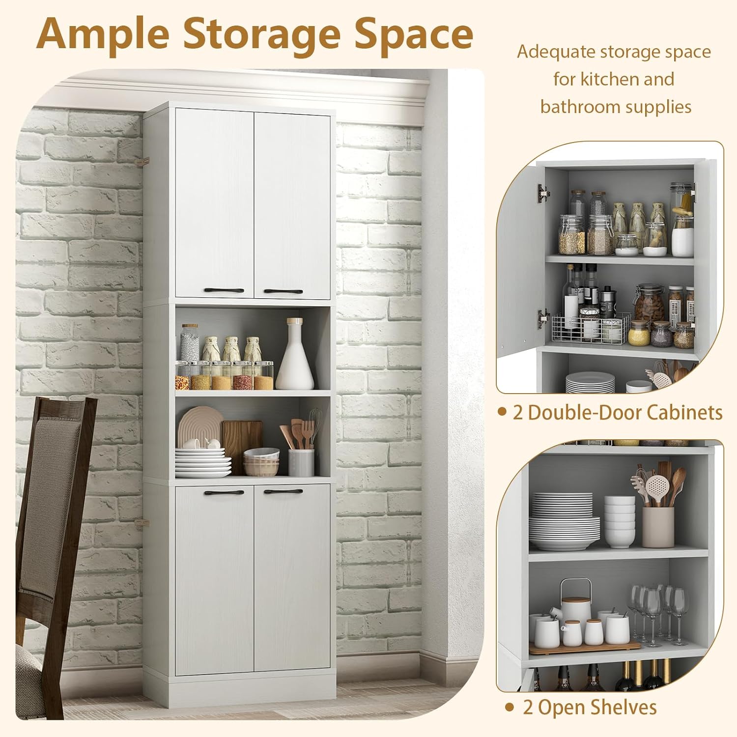 POWERSTONE Wood Kitchen Pantry Cabinet, 75" Tall Bathroom Storage Cupboard with 4 Doors & Shelves, Slim Freestanding Utility Hutch for Dining Room, Living Room, Bathroom Light Oak