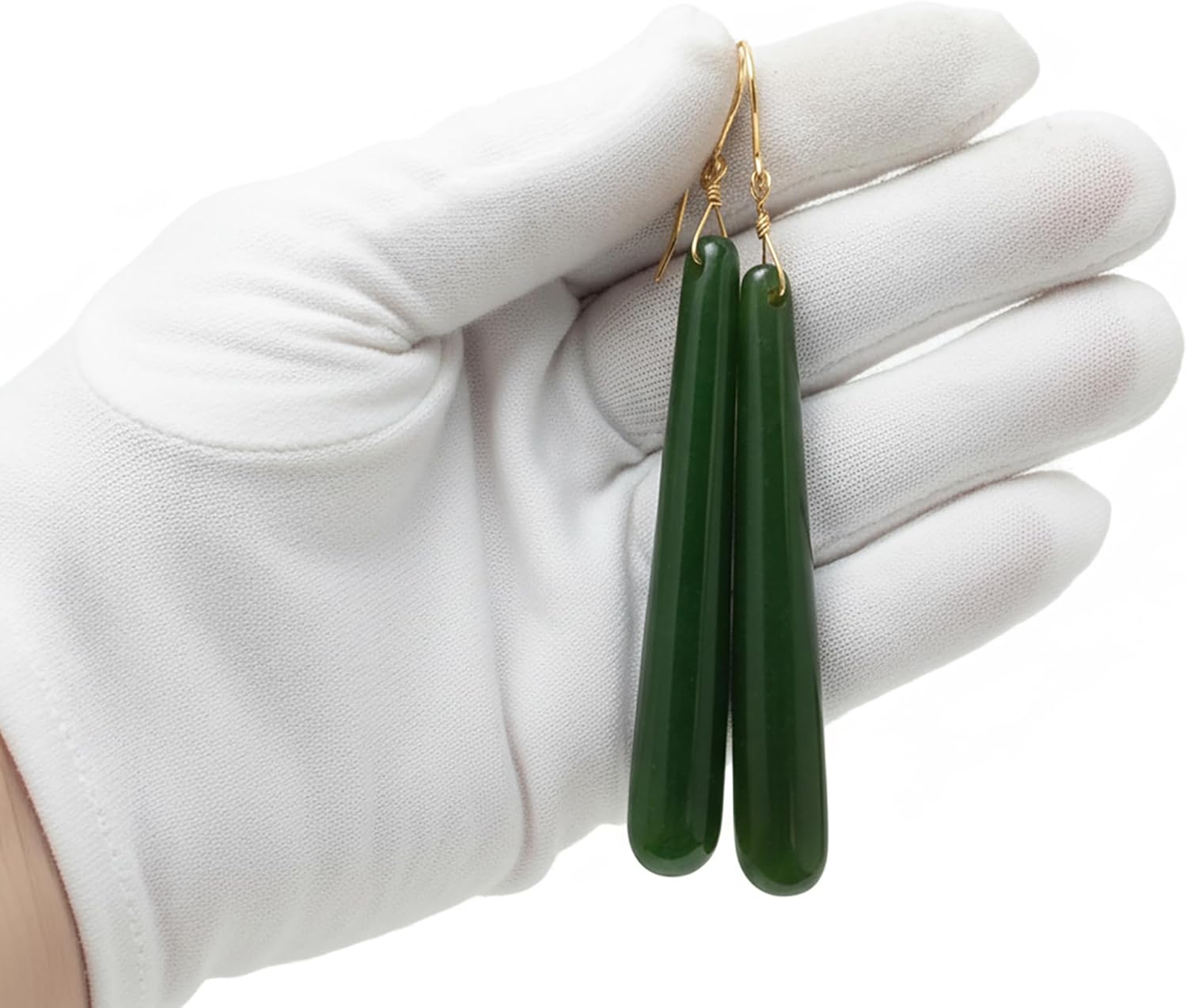 Nephrite Dark Green Jade Earrings Long Narrow Teardrops 3 Inch Dangles 14k Gold or Sterling Silver Spyglass Designs