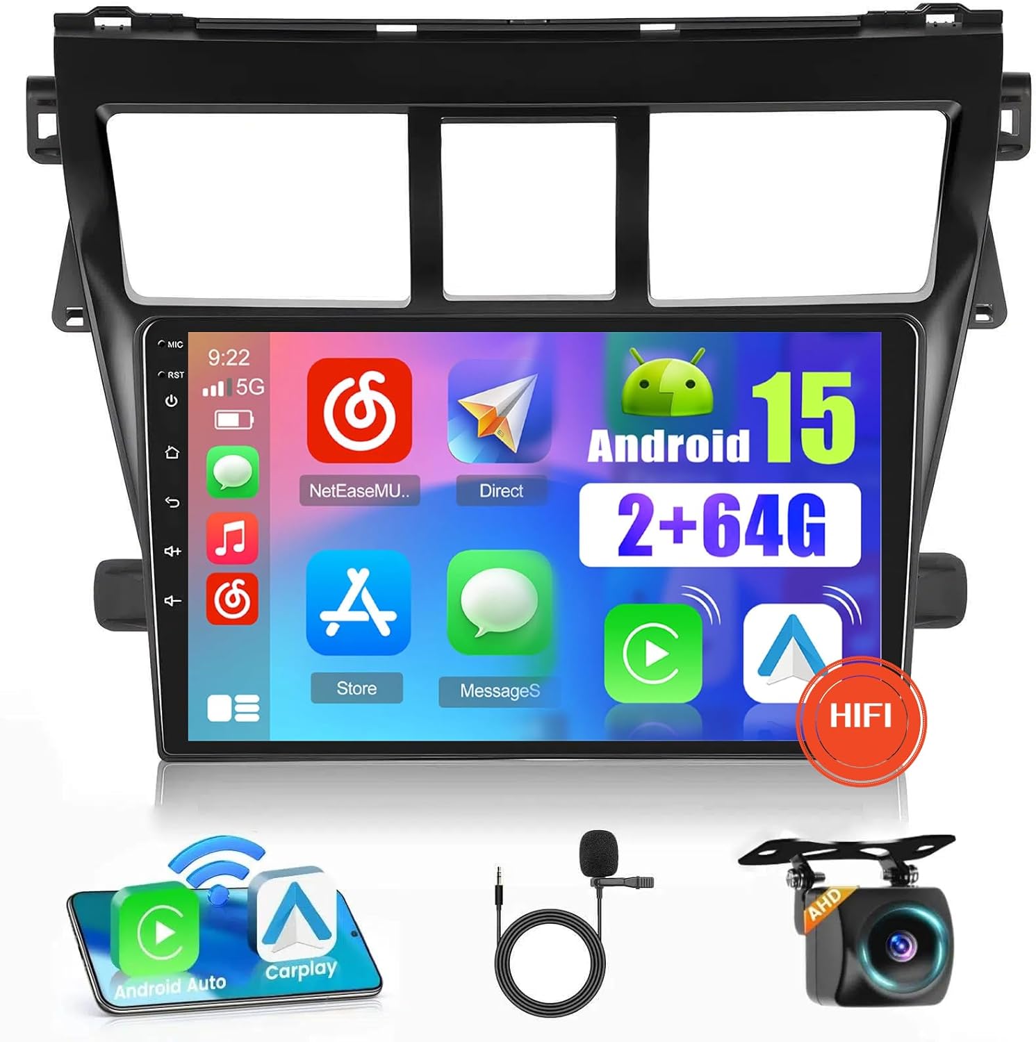2+64G Android 15 Radio for Toyota Yaris Vios 2007-2012 Wireless Apple CarPlay Android Auto HiFi, 9 inch Touch Screen Stereo WiFi Bluetooth GPS Navigation FM RDS+Free AHD Backup Cam