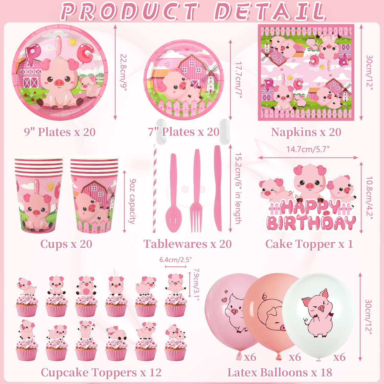 Pig Birthday Party Decorations - Pink Pig Party Supplies including Banner, Plate, Cake Topper, Cup, Napkin, Balloon, Tablecloth for Pig Party Decoration - Serves 20