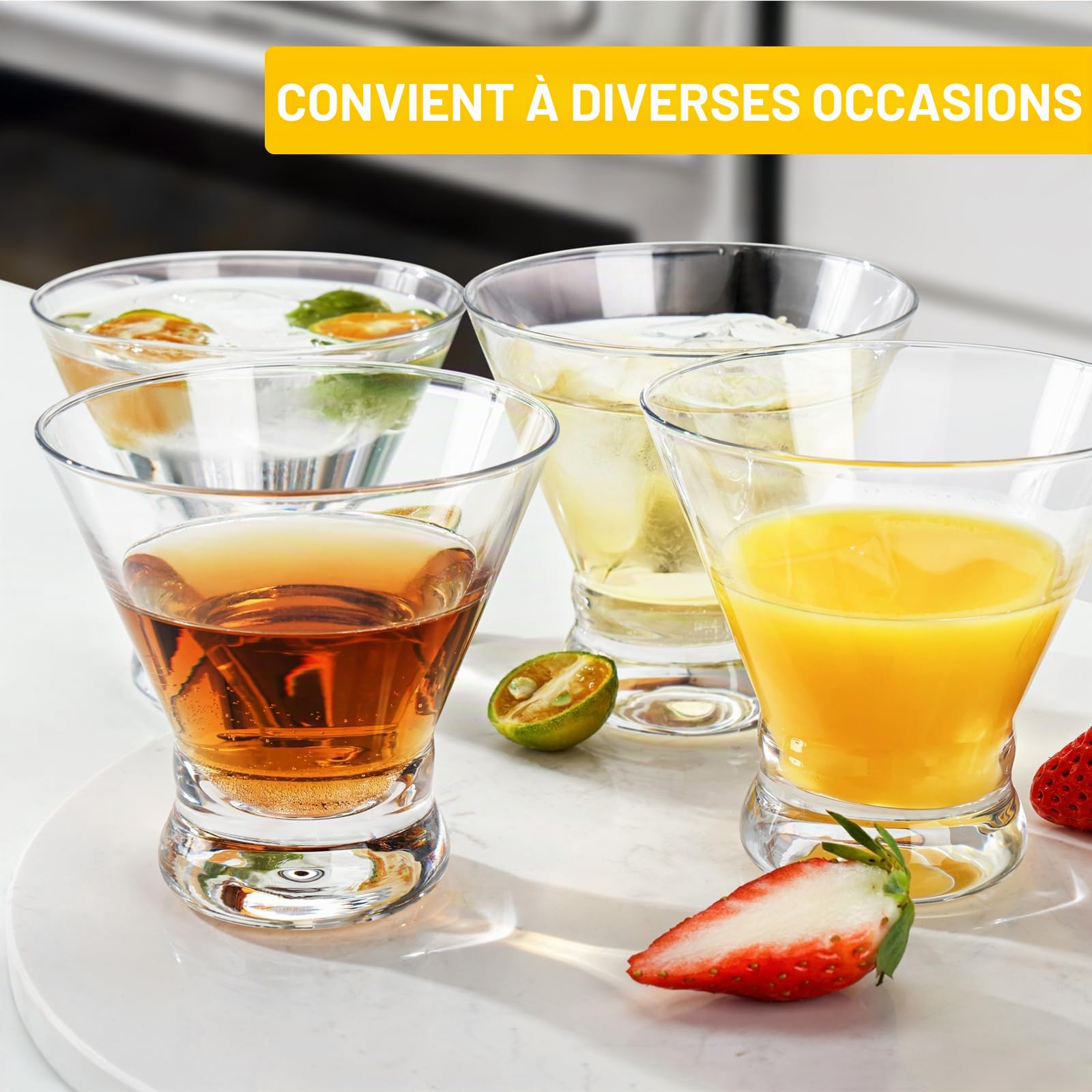 WOTOR Set de 4 Verres à Martini Sans Pied, 230 ml, Verres à Cocktail Élégants pour Bar, Verres à Margarita Courts et Modernes