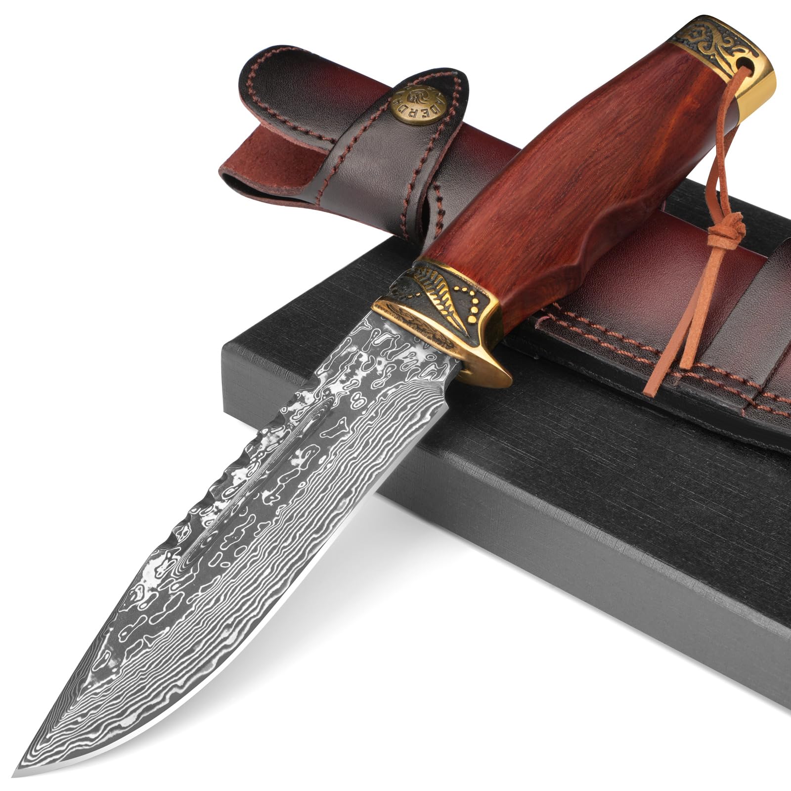 DRACHENADER Jagdmesser – 67 Lagen Vg10 Damaststahl, Handgeschmiedet, 14,7 cm Feststehende Klinge Messer, Outdoor Survival Gürtelmesser mit Lederscheide und Holzgriff (B- Damast Stahl Klinge)