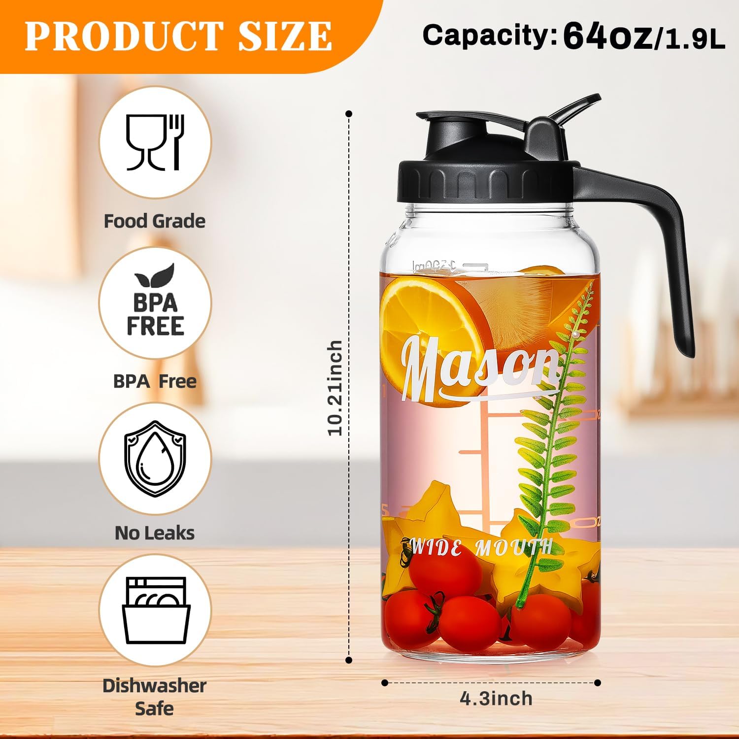 Buaic 2 Pack Glass Pitchers with Lid,2 Quart Mason Jar Pitchers with Spout Wide Mouth Sun Tea Pitchers Airtight & Leakproof Water Glass Jugs Fridge Container for Juice, Cold Brew Coffee, Iced tea,Milk