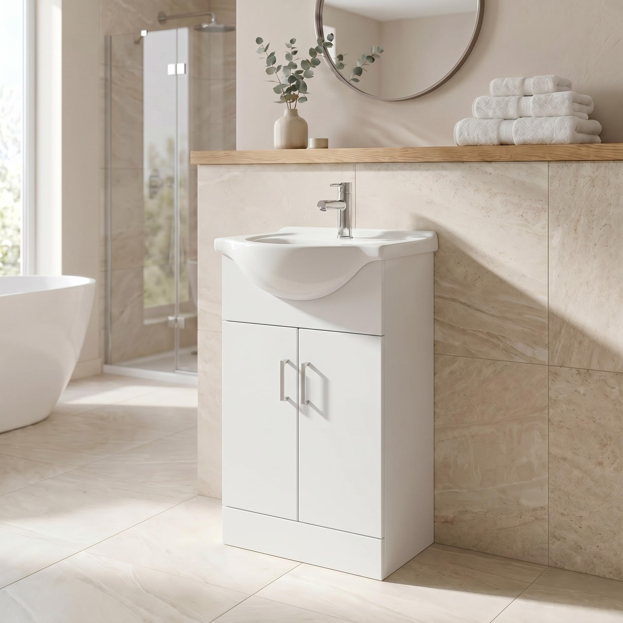 Affine® 560mm Vanity Unit Basin Sink Bathroom Storage Cabinet Cupboard Freestanding, Single Tap Hole Ceramic Wash Basins, Soft Close Doors, White Gloss — image 1