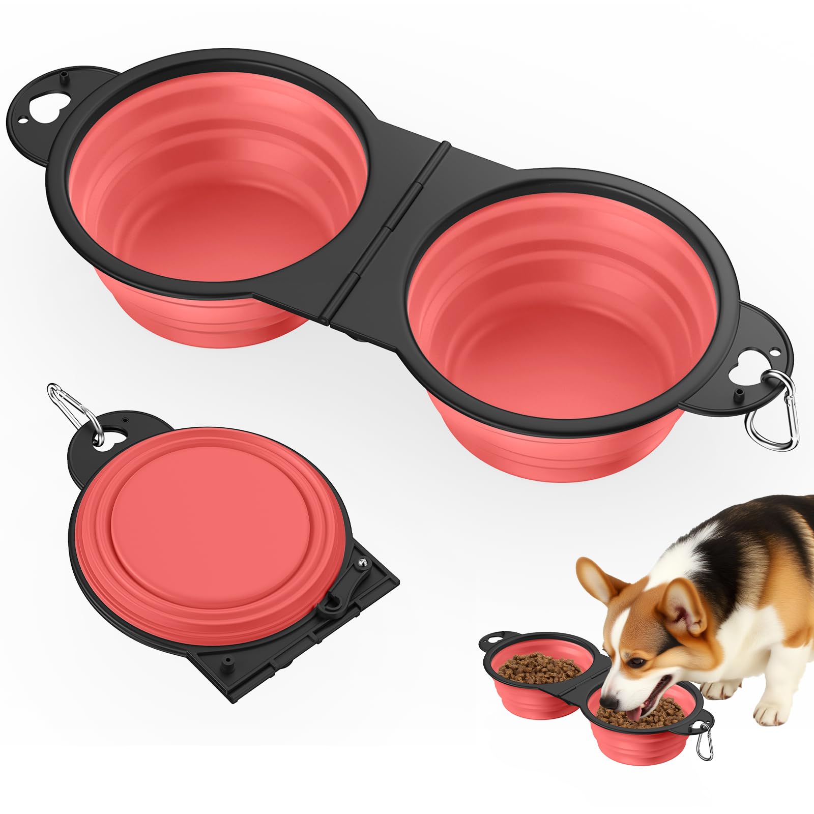 Pawaboo 2-in-1 Collapsible Dog Bowls, Dual Puppy Food and Water Bowls, 180° Flip Over Portable Silicone Dog Bowl with Metal Hook, 450ml Pet Travel Feeder Bowl for Walking Hiking Camping, Light Pink — image 1