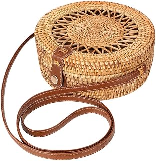 Borsa rotonda in rattan per donna Borsa in paglia Borsa a spalla da spiaggia boema tessuta a mano (Style-4)