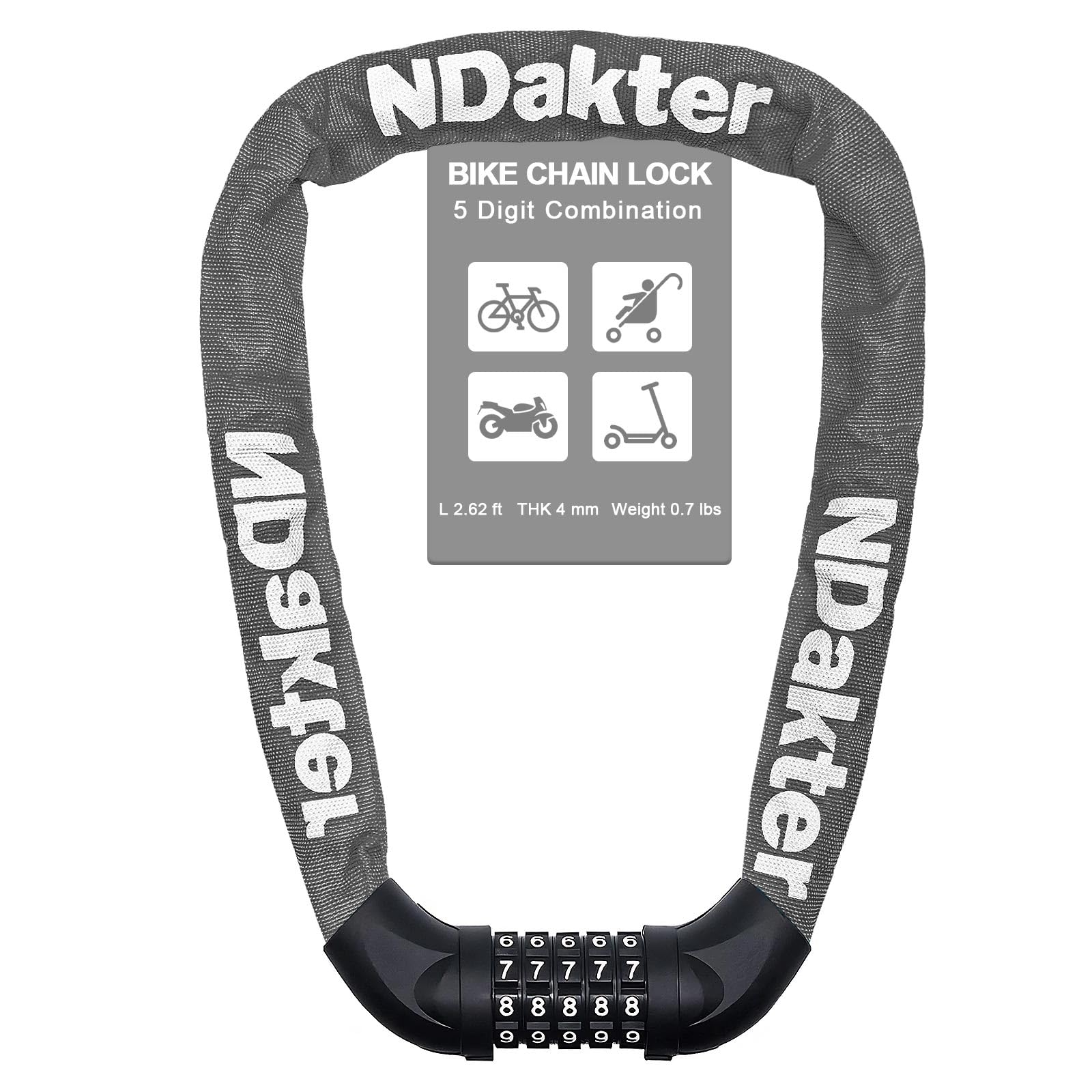 NDakter Bike Lock, 5 Digit Combination Heavy Duty Anti Theft Bicycle Chain Lock, 2.62/3.2/4.27/5/6Ft Long, High Security Resettable, Suitable for Bike, Scooter, Door, Gate, Fence-4/6mm Thick