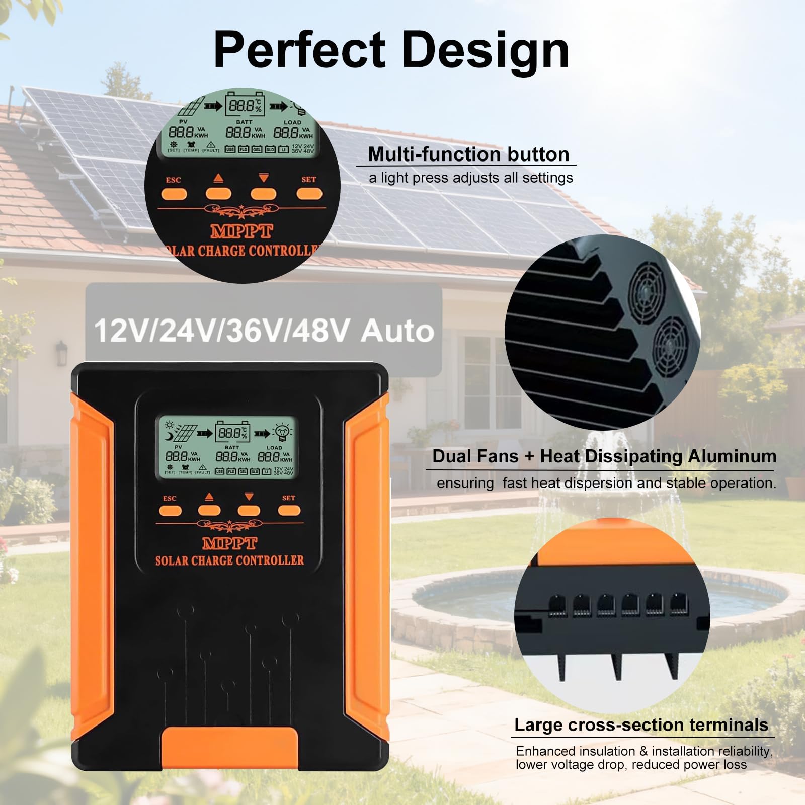 MPPT Laderegler Solar 12V 24V 36V 48V Auto, 50A Solarladeregler mit LCD Display, Smart Solarregler, Solar Charge Controller für Sealed Gel Flooded Lithium Batterien Lifepo4 usw