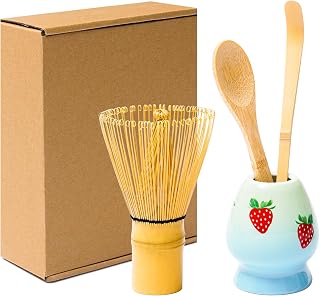Matcha Whisk Set 4 Pcs – Essential Bamboo Chasen, Scoop & Stand – Traditional Japanese Tea Ceremony Starter Kit (4, Bamboo)