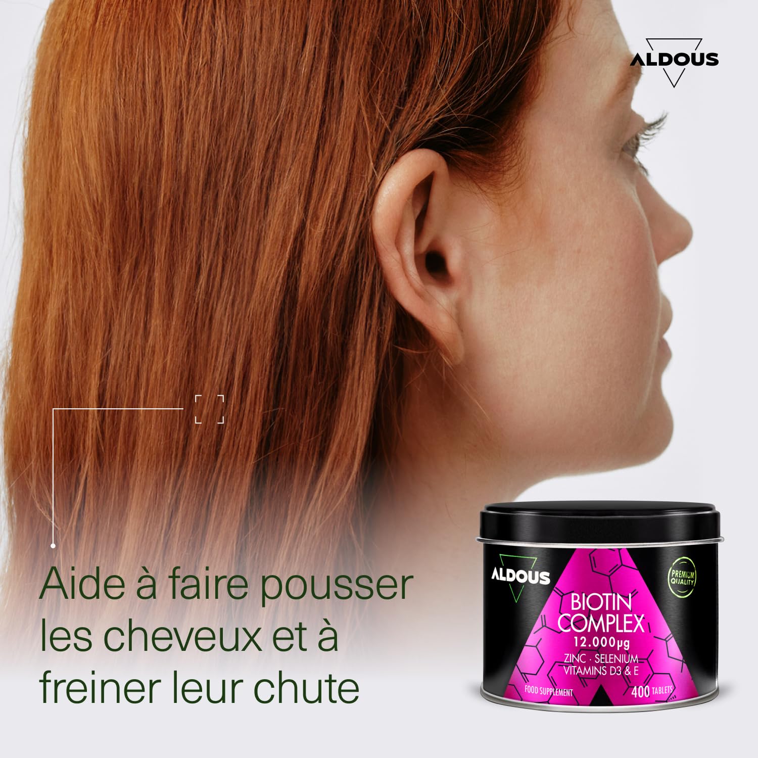 Biotine 12 000 mcg - 400 Comprimés - Zinc, Sélénium, Vitamine D3 et Vitamine E - Biotine Cheveux, Peau et Ongles - Biotine Cheveux Pousse Rapide - Complément Alimentaire Pousse Cheveux - ALDOUS