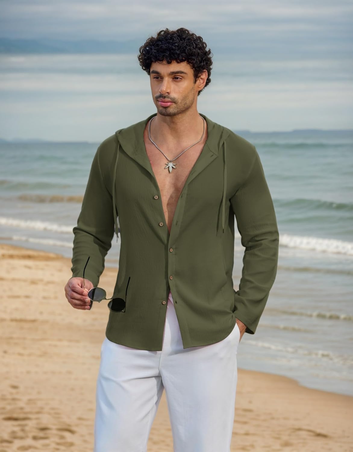 COOFANDY Mens Casual Button Down Shirt Summer Beach Shirts Lightweight Hoodie Sun Protection Coverup for Travel Vacation - Image 3