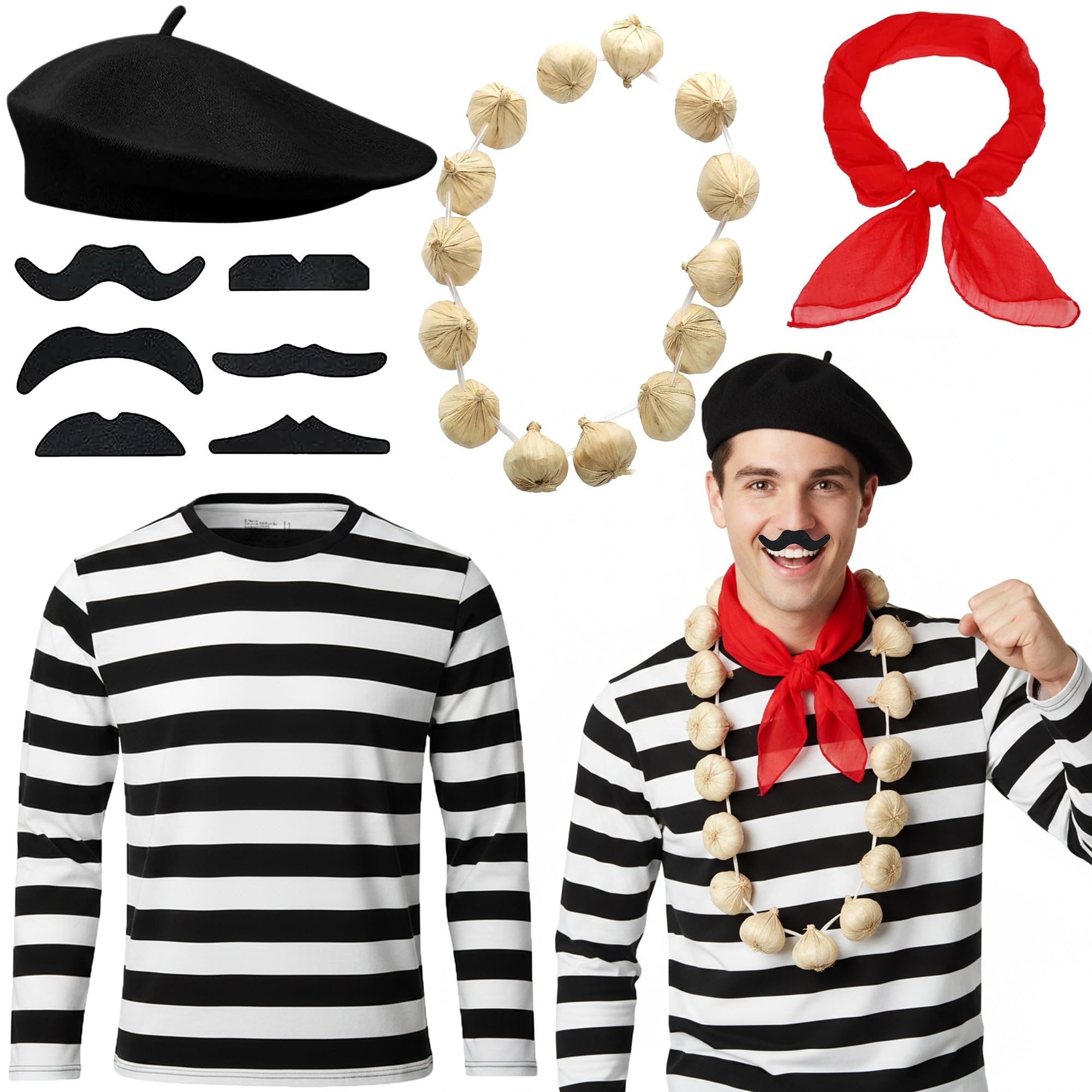 Fictoria French Men's Fancy Dress Set - French Costume Accessories with Striped Long Sleeve Shirt Beret, Moustache Scarf and Garlic Necklace for Cosplay and Theme Party Supplies (Black, M)