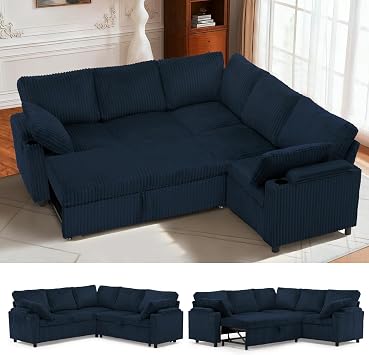 85" Corduroy Reversible Sectional Sofa w/Pull Out Bed, Blue