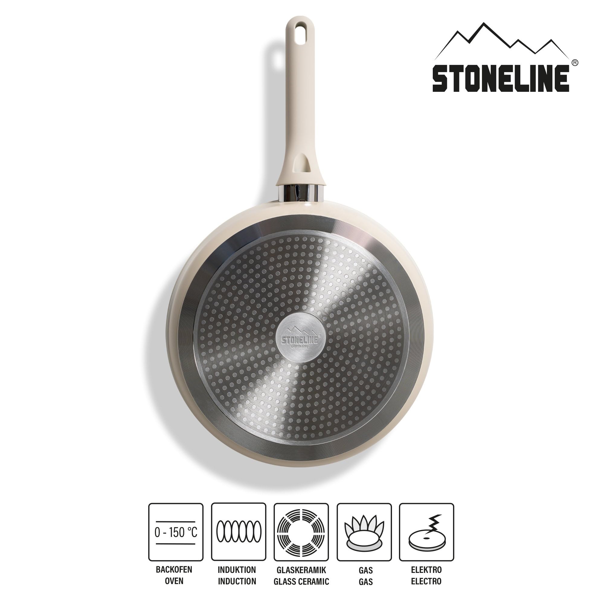 STONELINE Padella Alta 28 cm Con Coperchio, Antiaderente, Grande a Bordi Alti, Rivestimento Con Vere Particelle di Pietra, a Induzione, Tutti i Piani Cottura, Colore Crema