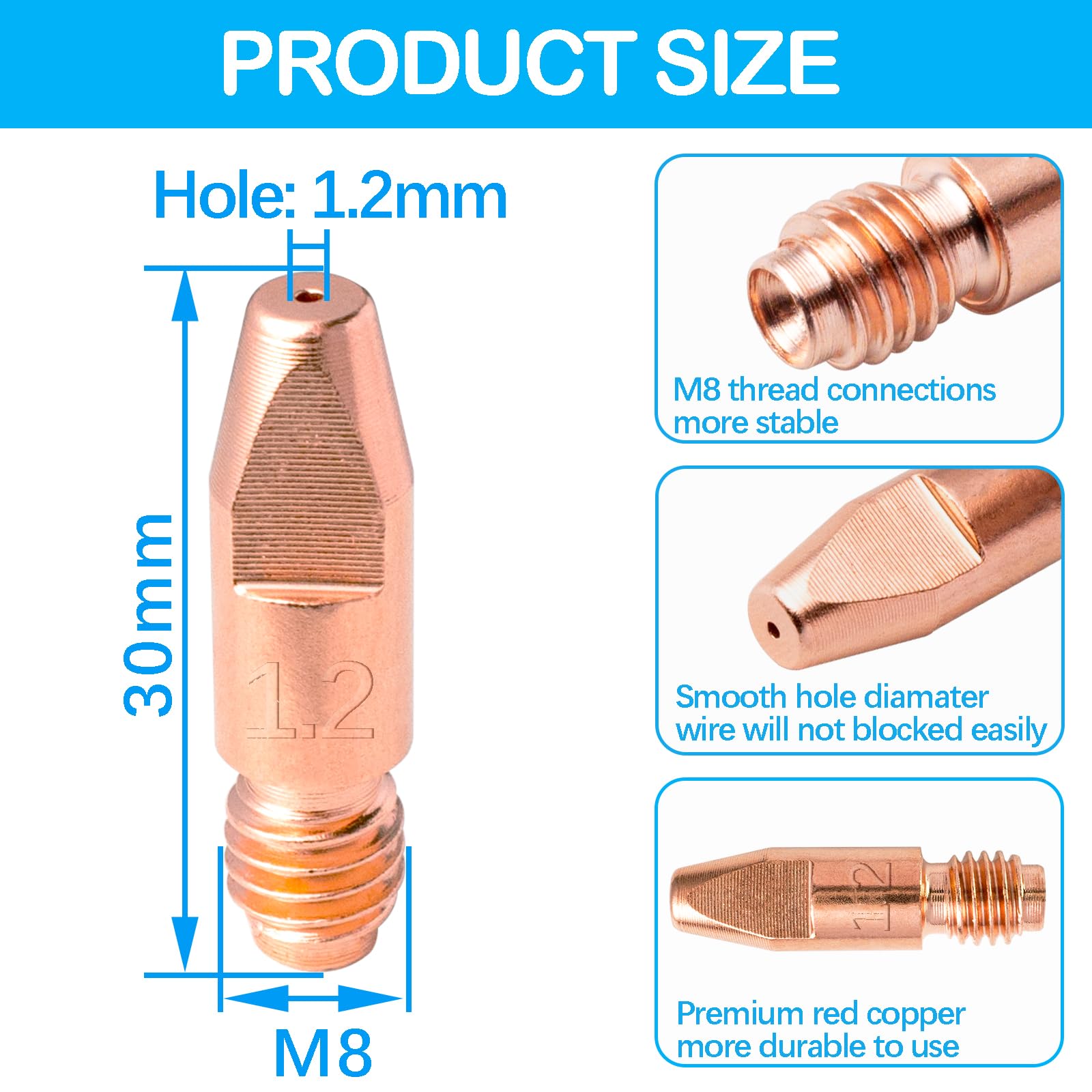 10 Piezas Accesorios de Soldadura Consumibles de Máquina de Soldadura Accesorios MIG MB36KD 1,2mm M8 Boquilla de Gas de Contacto del Soplete de Soldadura para Antorcha Punta de Guía de Alambre