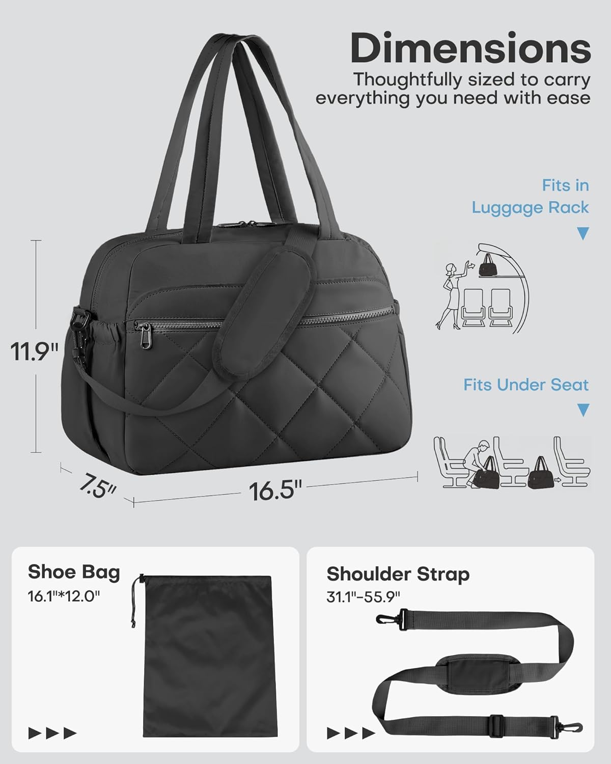 HOTOR Gym Bag for Women - Lightweight Travel Duffle Bags with Wet Pocket & Separate Shoe Bag, Multi-Pocket Carry on Weekender Duffel for Sports, Fitness, Overnight Trip, Black, 16.5" x 7.5" x 11.9" - Image 2