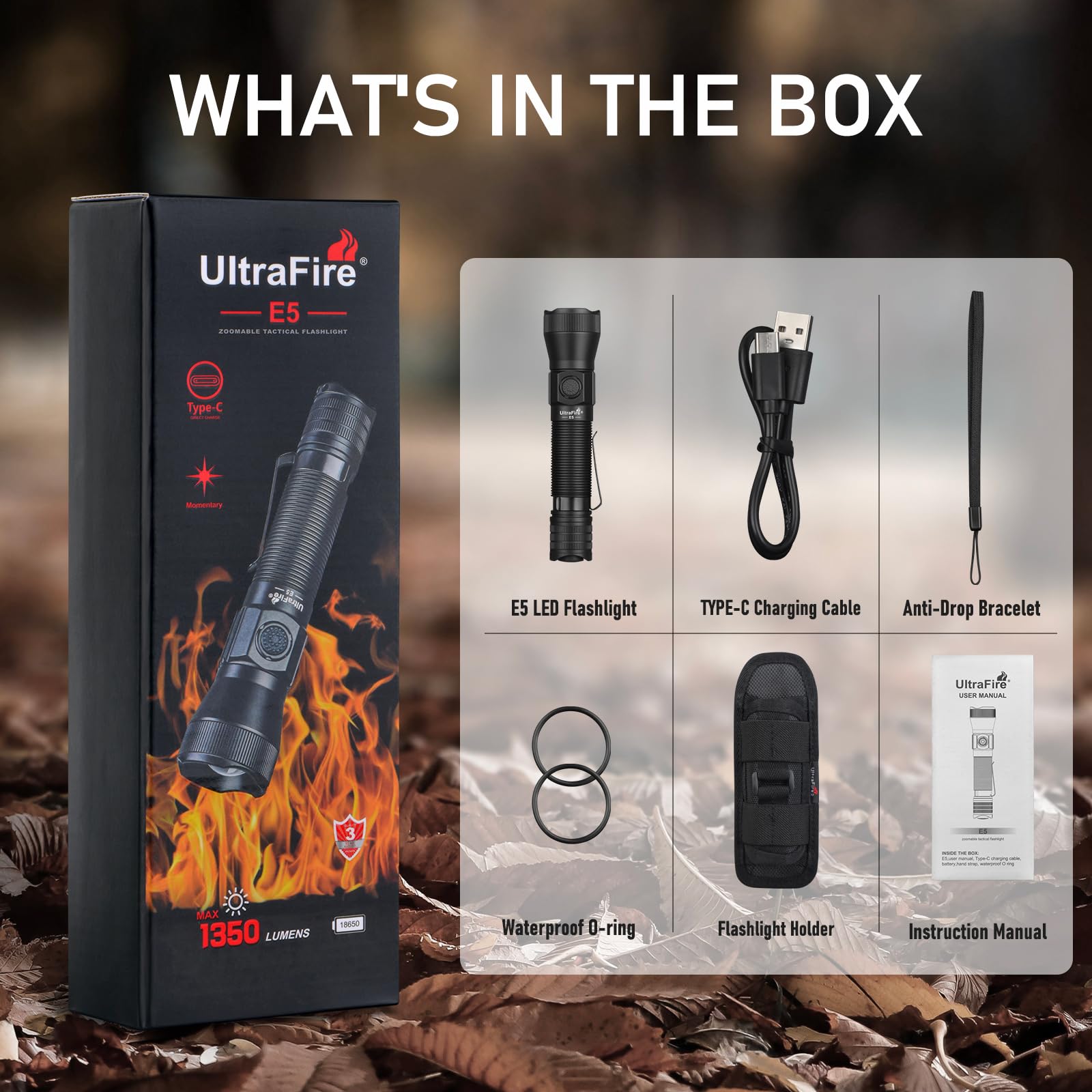 ULTRAFIRE Linterna táctica recargable con funda, linterna LED con zoom de 1350 lúmenes con bolsa para cinturón, 6 modos, USB-C, para policía/seguridad/aplicación de la ley/camping, E5
