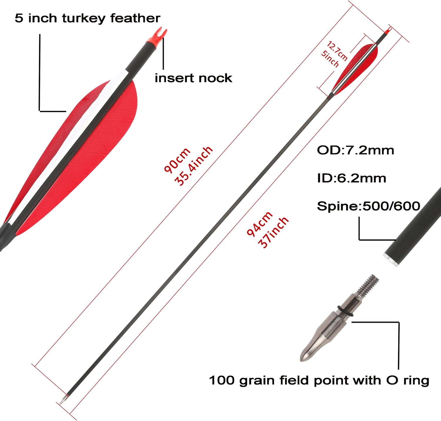 35" Archery Carbon Arrows Hunting Arrows Spine 500/600 with Removable Tips and 5" Turkey Feather for Compound & Recurve & Long Bow Targeting Practice 6/12 Pcs