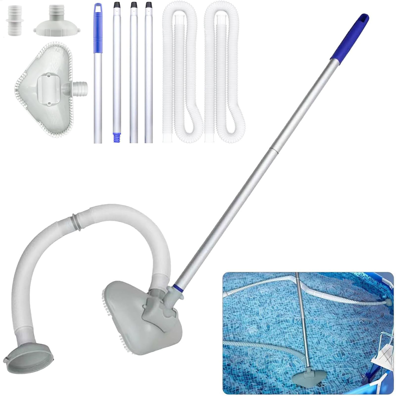 Pool Vacuum Cleaner, Pool Vacuum Cleaner, Above Ground Pool Vacuum Cleaner with Suction Head, Hose and Telescopic Handle 144 cm, Pool Cleaning Kit for Spa, Hot Tub, Swimming Pools (White)