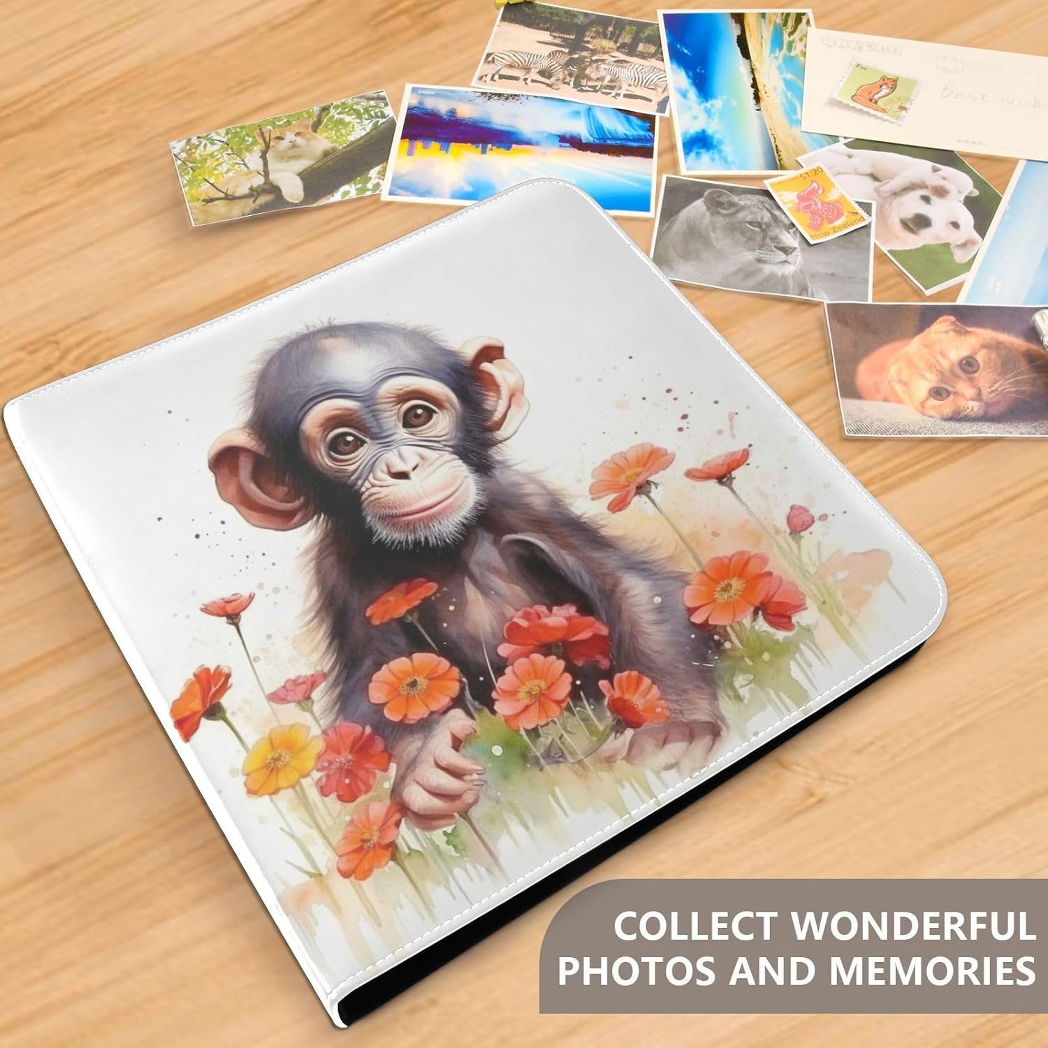 JIPONI Little Monkey Floral Large Photo Album, DIY Leather Cover Scrapbook Albums for 4x6 5x7 6x8 Pictures, Self Adhesive Memory Book for Wedding, Baby, Family