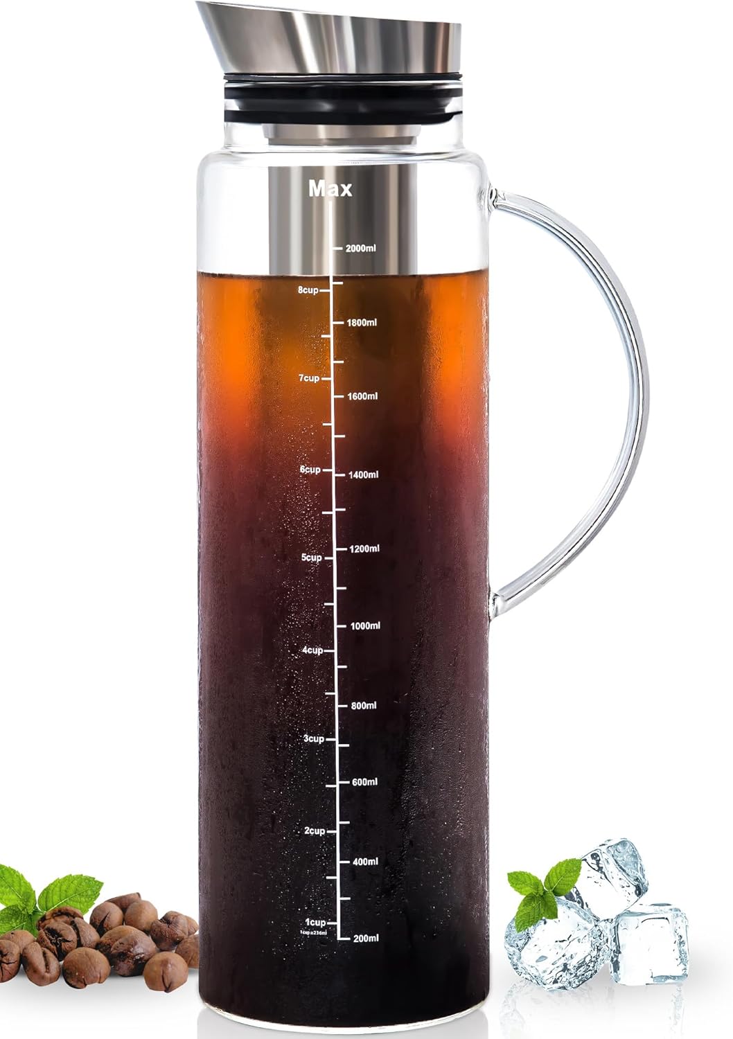 Aquach Cold Brew Coffee Iced Tea Maker & Fruit Pitcher - Large Capacity 51 Ounces - with Durable Glass Carafe/Fine Mesh Steel Infuser/Airtight Lid
