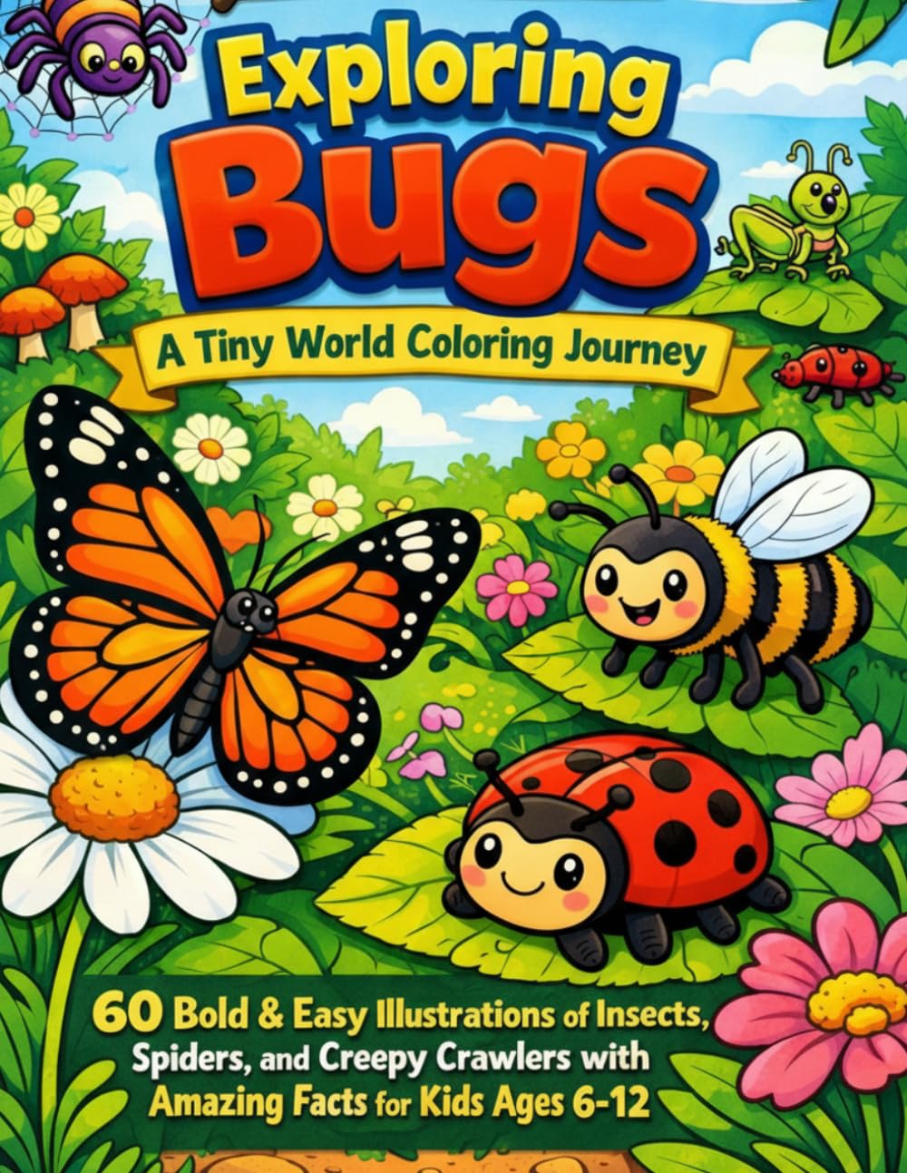 Exploring Bugs: A Tiny World Coloring Journey: 60 Bold & Easy Illustrations of Insects, Spiders, and Creepy Crawlers with Amazing Facts for Kids Ages 6-12 ("Wonder Books")