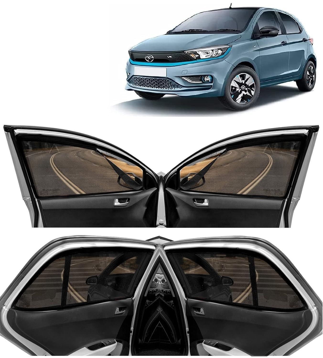 Aakirti Automotive Car Side Window Curtain Sun Shades Magnetic for Tata Tiago EV (2023 Onwards), Zips in Front Window with Rear Windshield, Cotton Mesh, Complete Set of 5 Piece