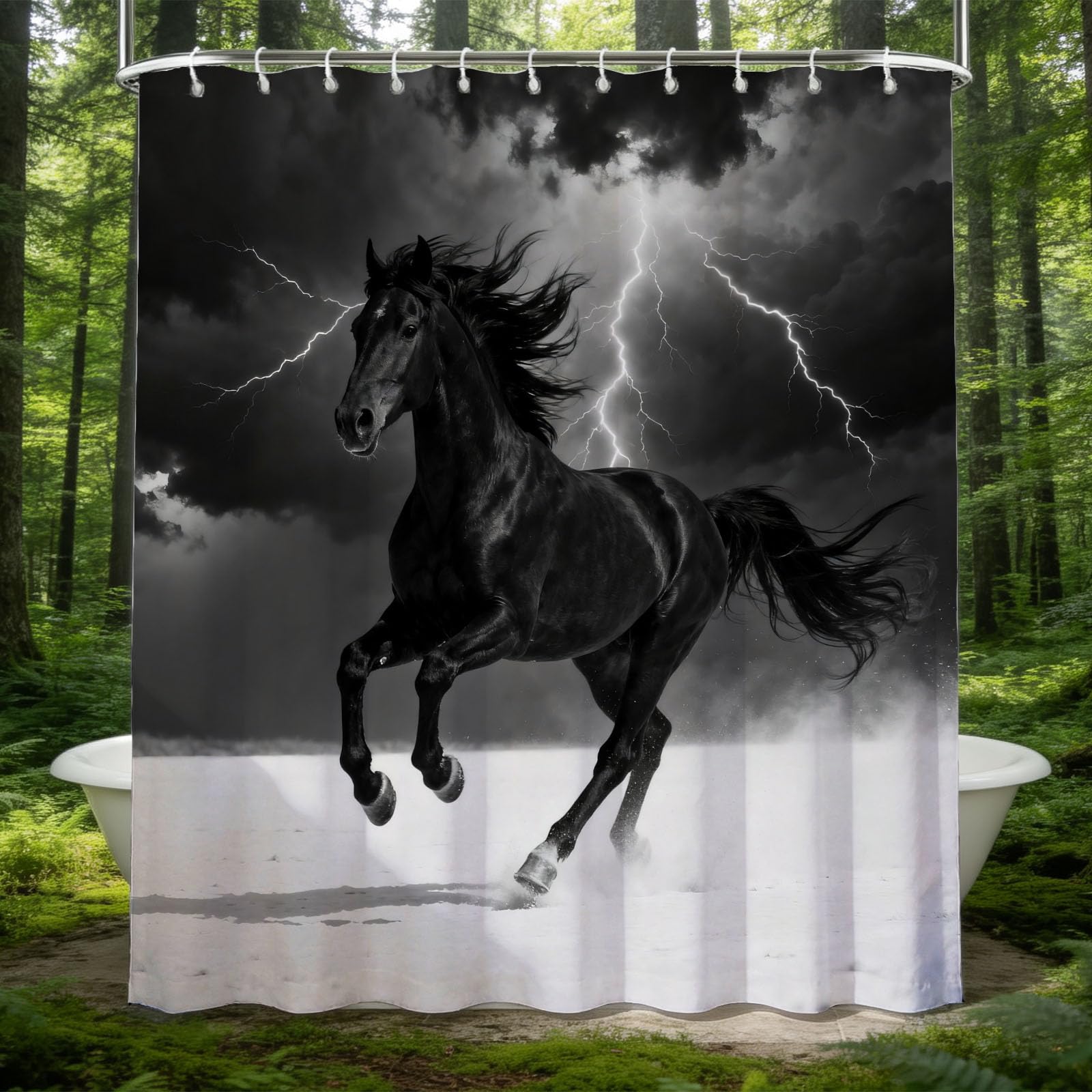 Hongduo 3D Black Horse Shower Curtain for Stalls Bathtubs Mystical Bathroom Decor Shower Curtain Set Polyester Fabric Waterproof 180x200cm/71X79 Inch with Hooks