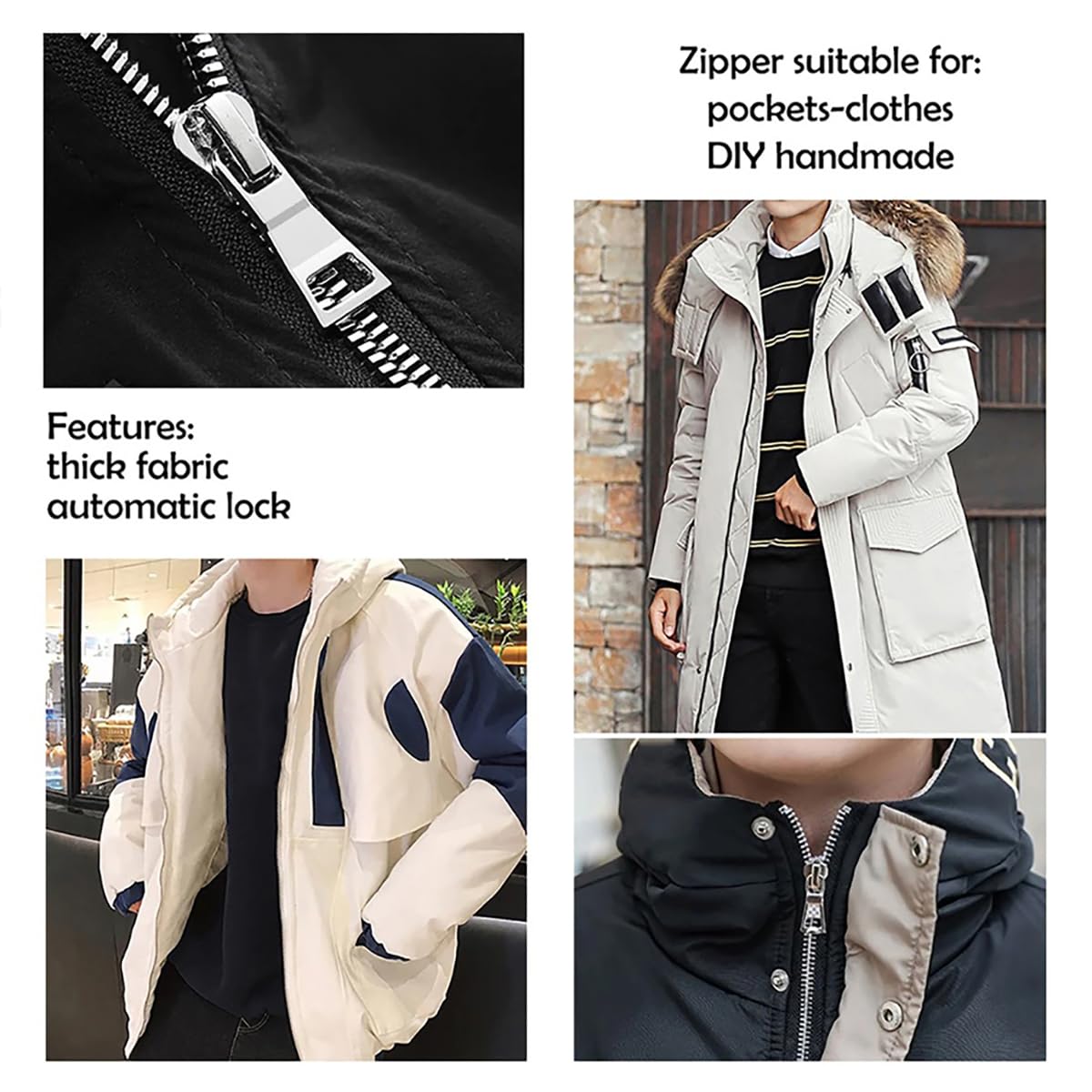 Cremalleras metálicas de 30 cm y Doble cursor para Coser Bolsos y Chaquetas, Beige
