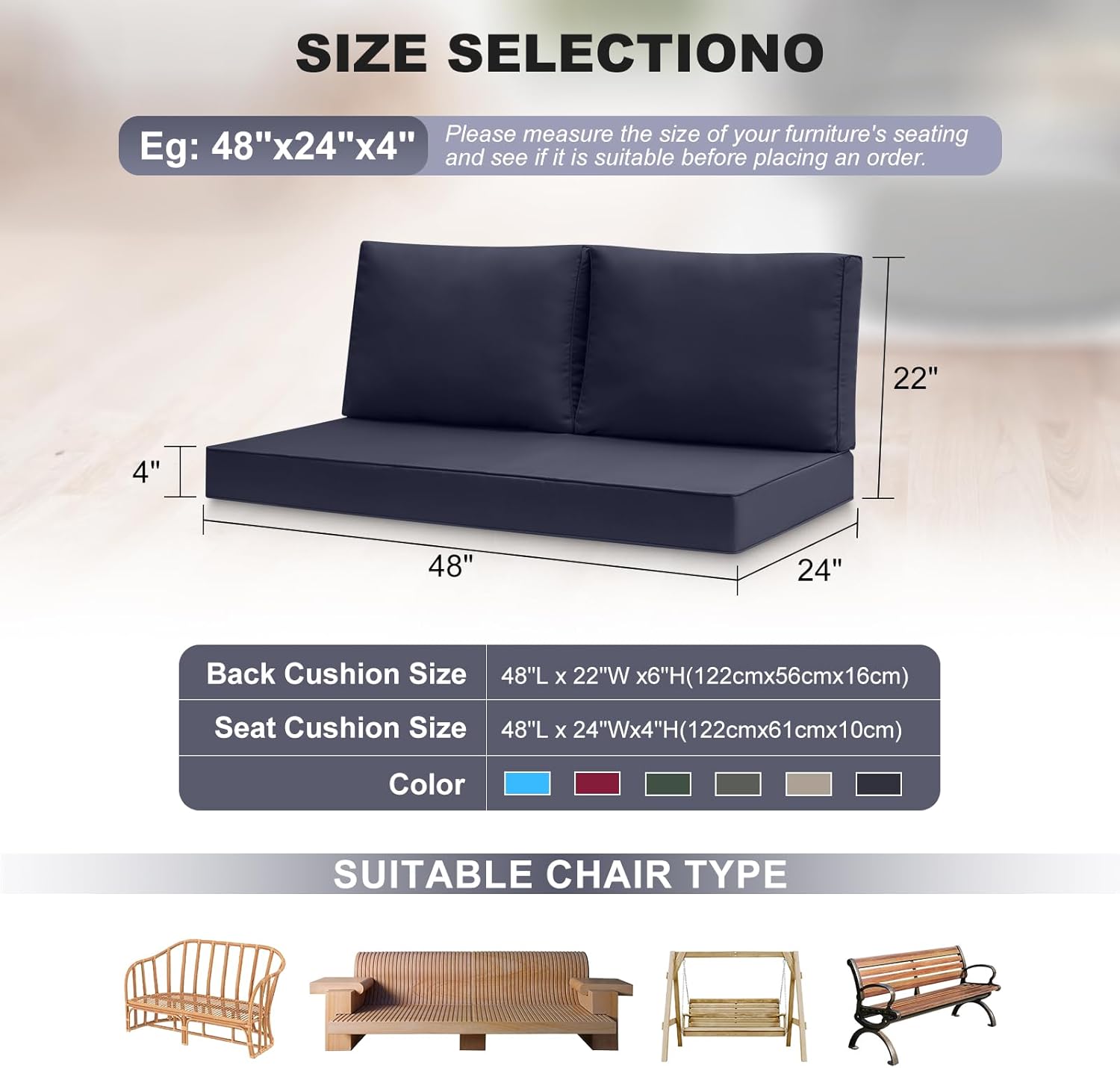 Outdoor Loveseat Cushions, 48 x 24 x 4 Inches Waterproof Fade Resistant Cushion Set for Couch, Bench and Swing