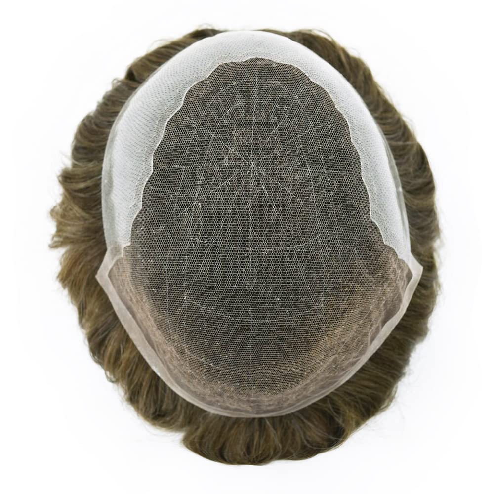 Toupee For Men Swiss Lace Hair Replacement System Virgin Human HairPiece Men’s Toupee Lace Front Hair Restoration For Men Poly PU Skin at Back Hair Unit 7"x9"#1730 Dark Ash Blonde with 30% Gray-110% density