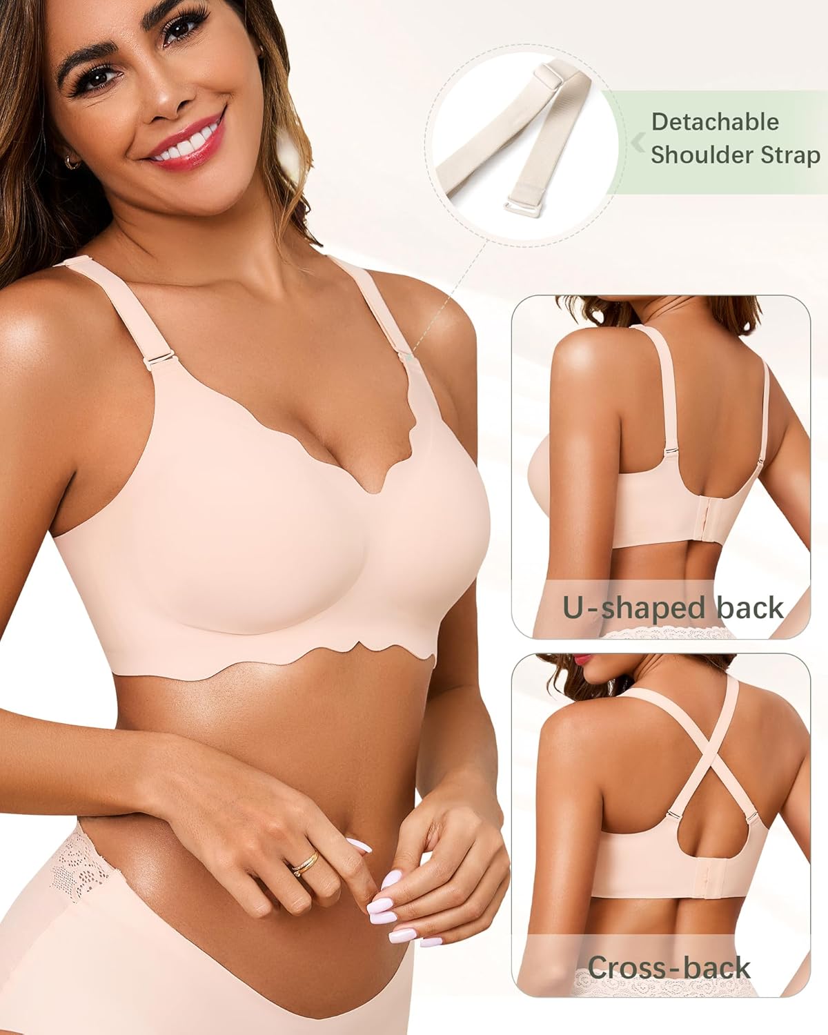 Seamless Bras for Women No Underwire Push Up Bra Full Coverage V-Neck Wirefree Bralettes Soft T-Shirt Everyday Bra - Image 4