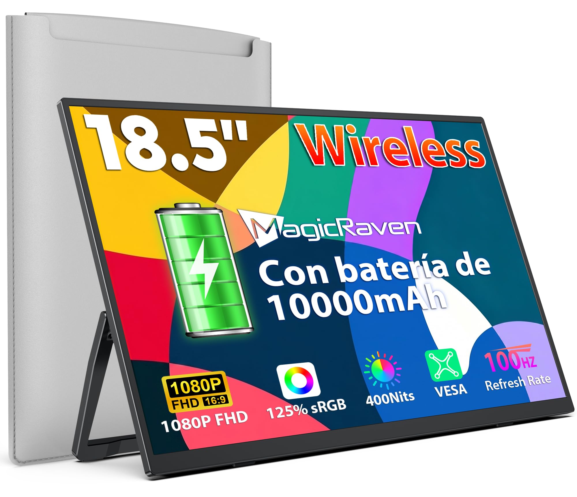 MAGICRAVEN Wireless Monitor Portátil Pantalla Inalambrica 18,5 Pulgadas 1080P IPS Portable Monitor 125% sRGB Monitor para Ordenador Portatil Mac PC Juegos Switch Teléfono, Soporte AirPlay/Miracast