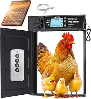Okkobi Porte Automatique Poulailler Solaire - Pro Modèle - Télécommande, Capteur Lumière et Minuterie - Fonction Anti-pincement - Large Ouverture - Ecran LCD - Protection 5 Ans