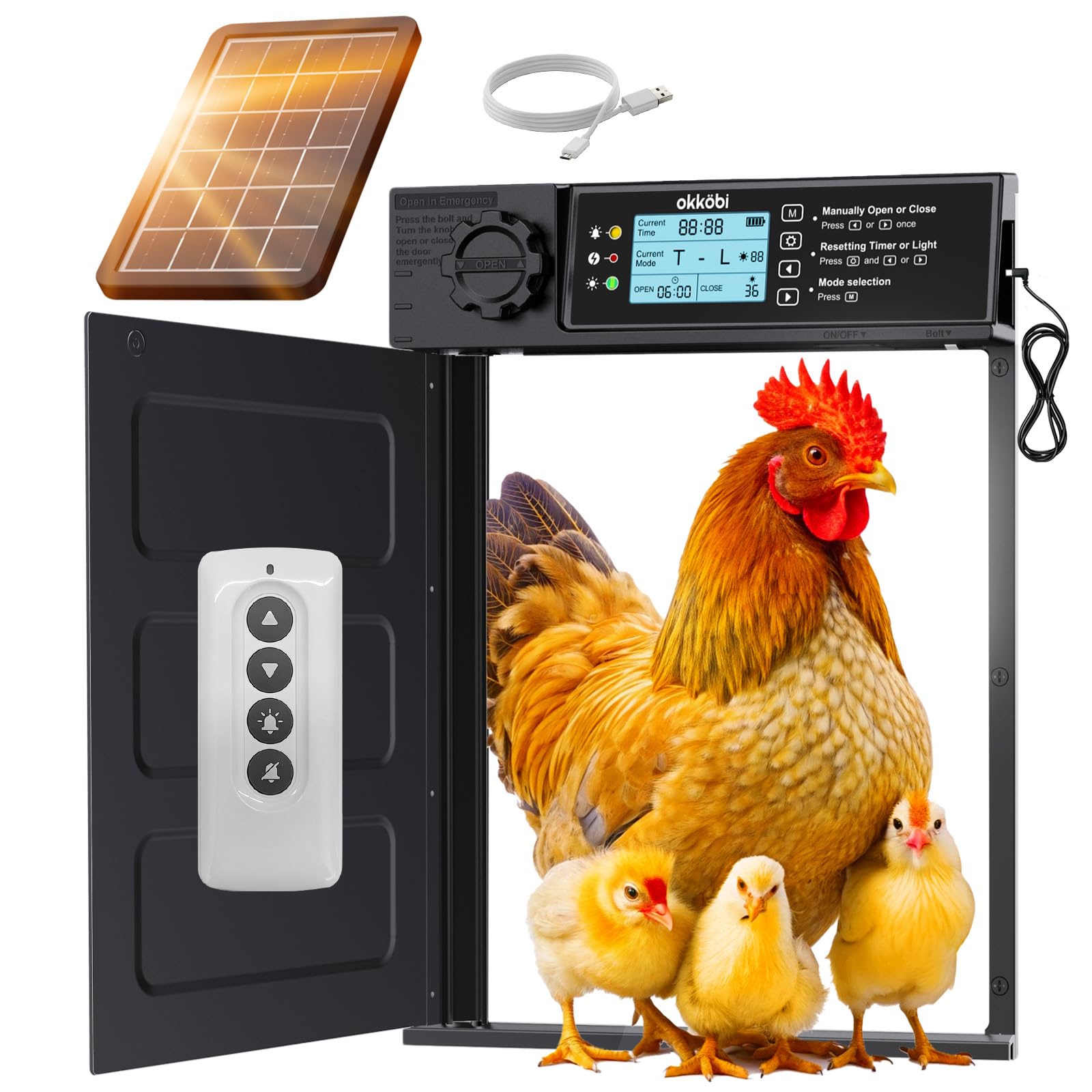 Okkobi Porta Automatica Pollaio Solare - Porta Pollaio con telecomando, Sensore di luce e Timer - Sicurezza e tranquillità: Funzione Antipizzicamento - PRO Version - Display LCD - Protezione di 5 anni