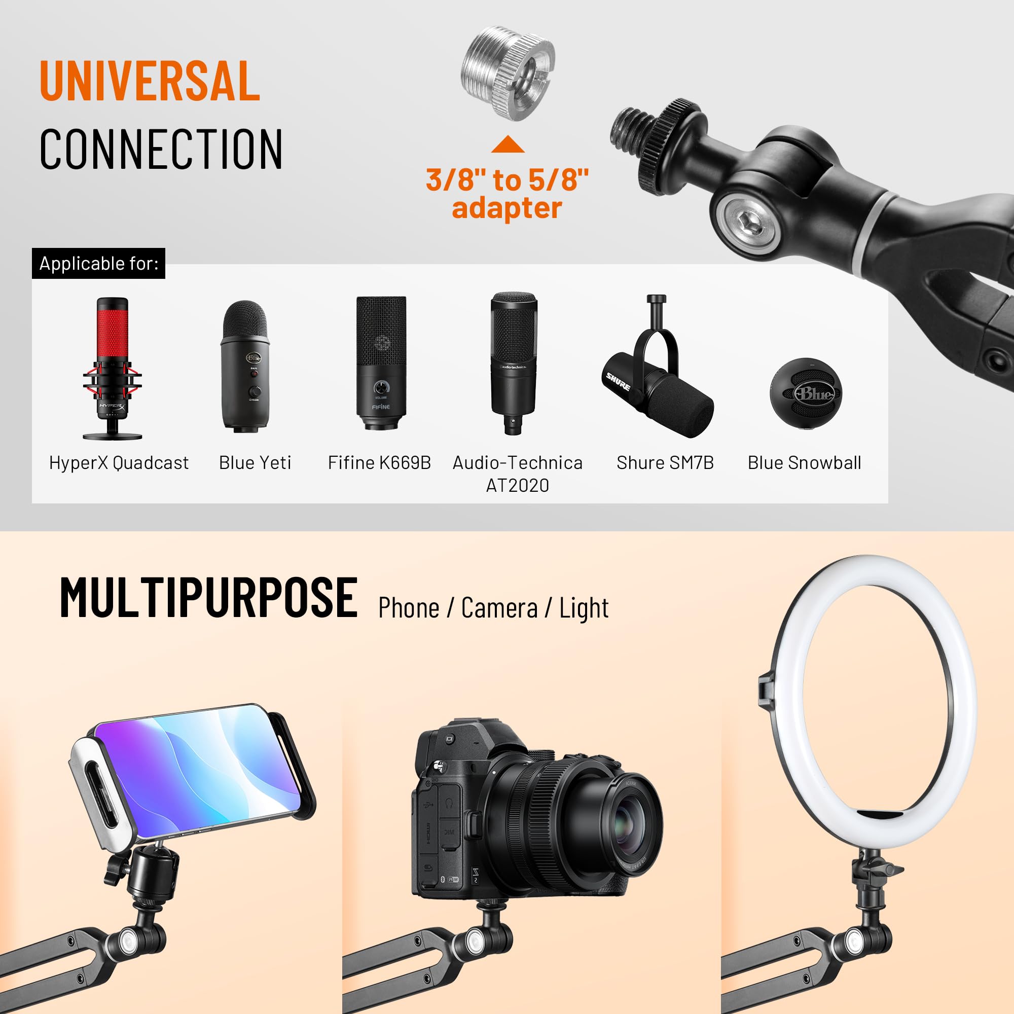 CAHAYA Profesjonalne ramię mikrofonowe Boom Arm – w pełni regulowany stojak mikrofonowy z szeroką podstawą, adapter mikrofonowy 3/8" do 5/8", kompatybilny z HyperX, Blue Yeti, QuadCast - CY00380-1